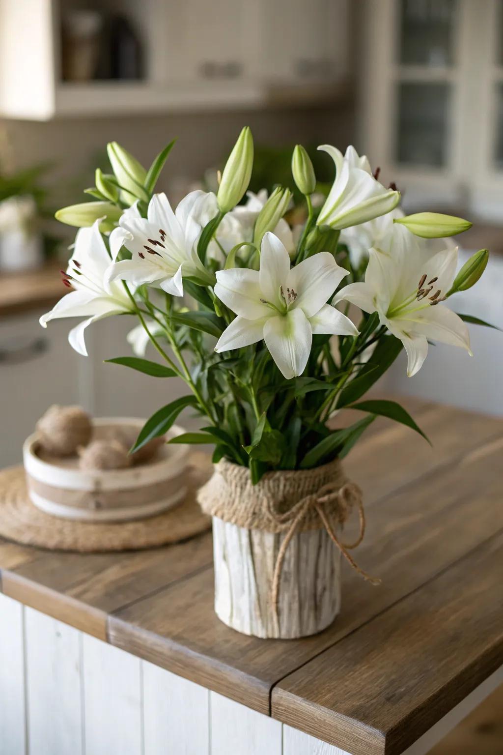 White lilies providing rustic charm in the kitchen.