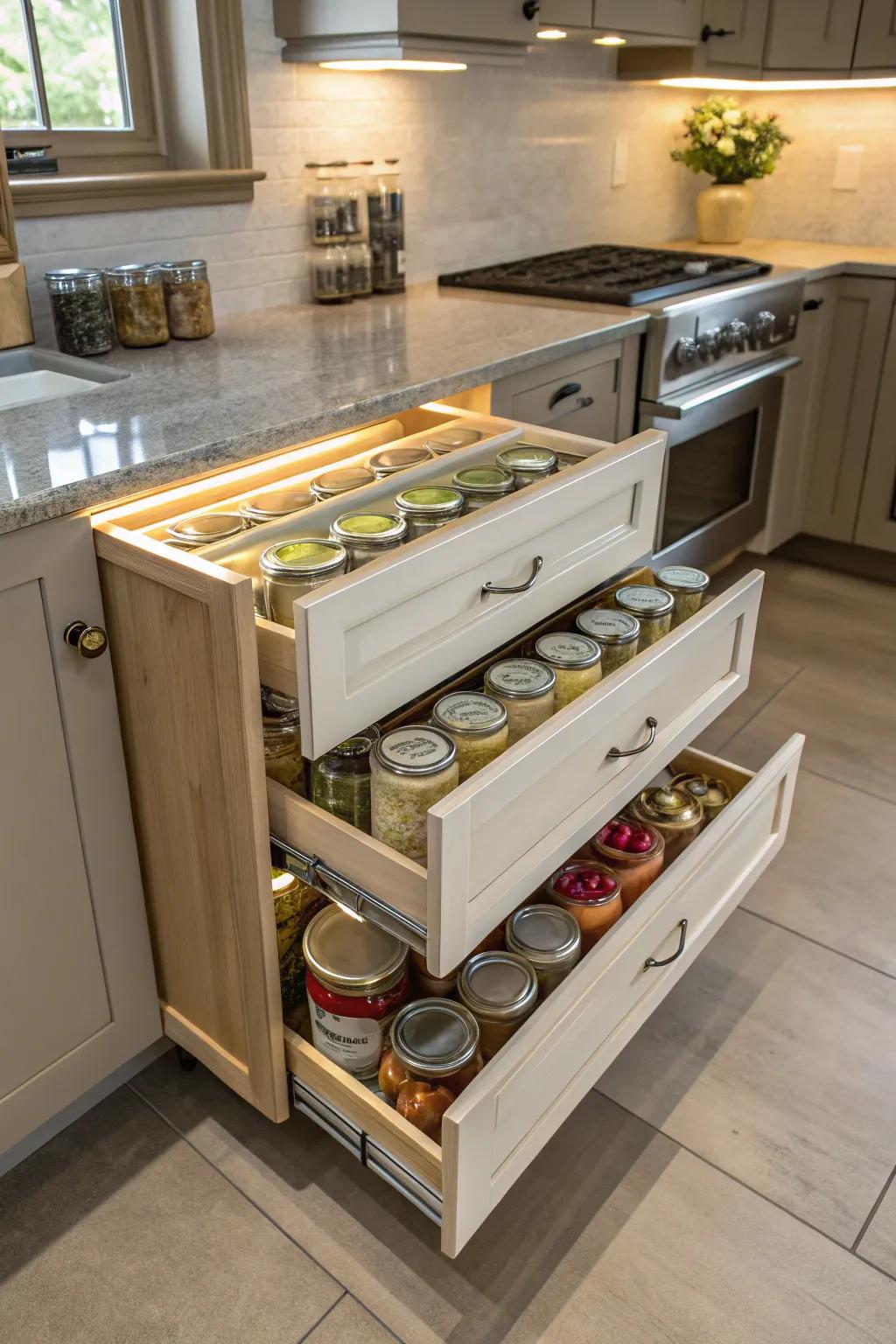 Pull-out drawers enhance accessibility and organization.