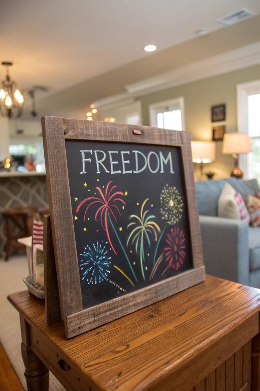 'Freedom' paired with fireworks for a bold chalkboard design.