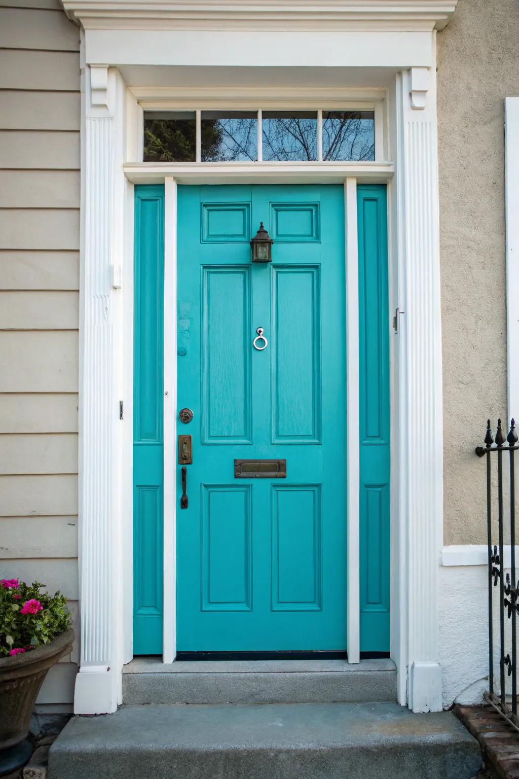 A vibrant aqua front door set against contrasting trim.
