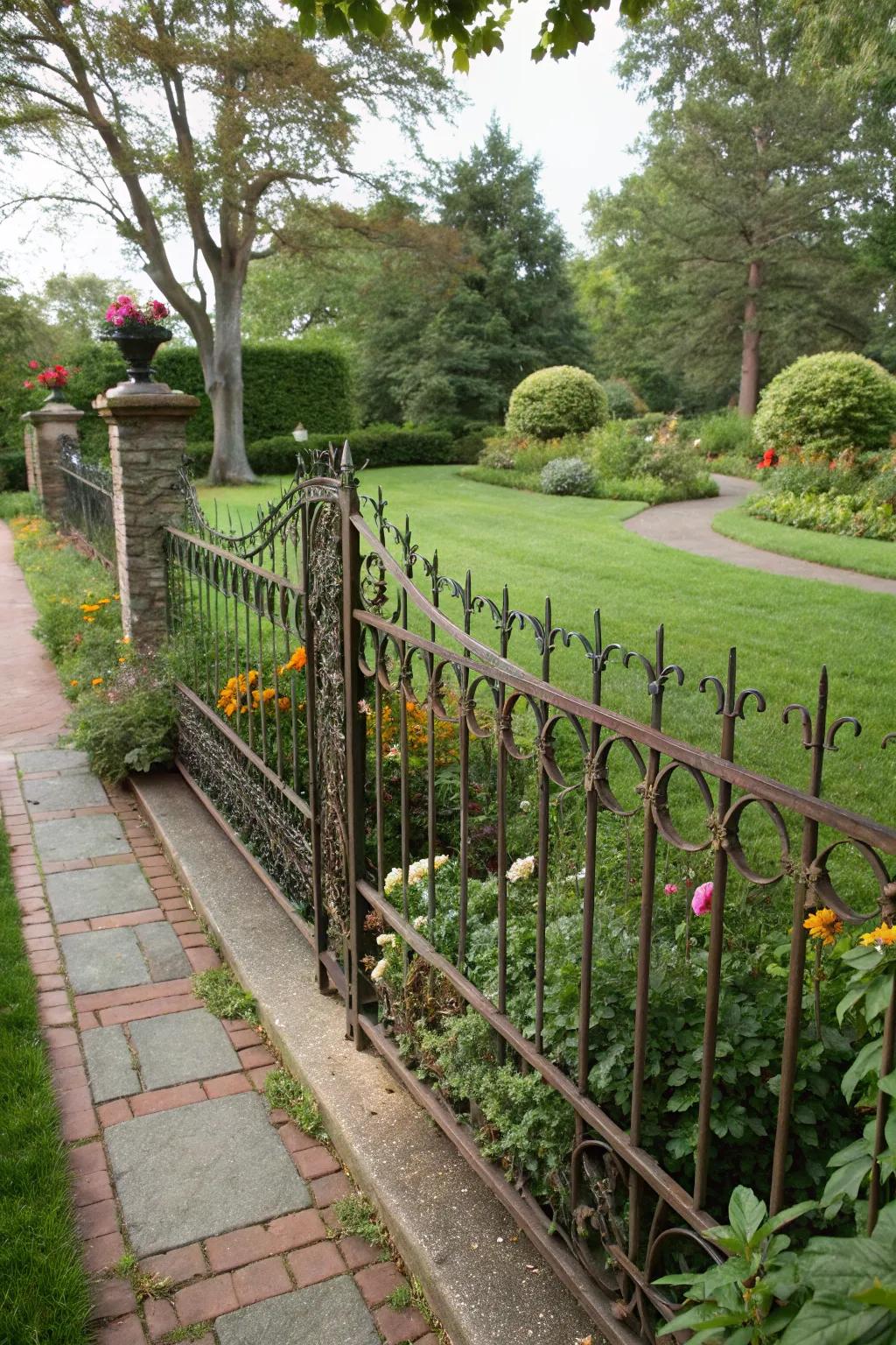 A low-profile wrought iron fence subtly enhancing a front yard garden.