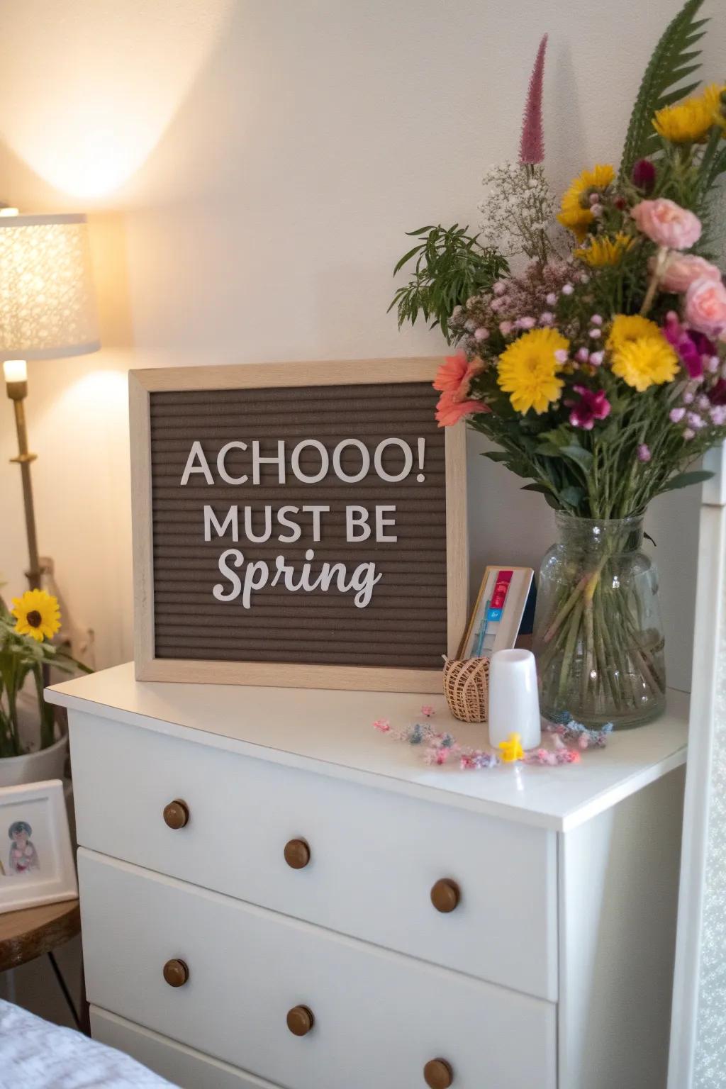 Laugh off spring allergies with a cheeky message board saying.