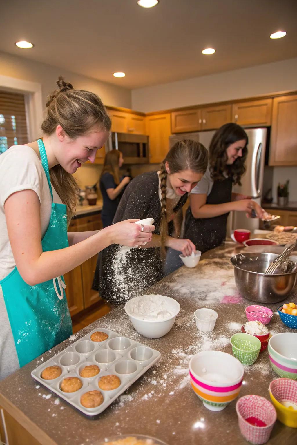 A delightful cooking get-together with friends creating sweet treats.