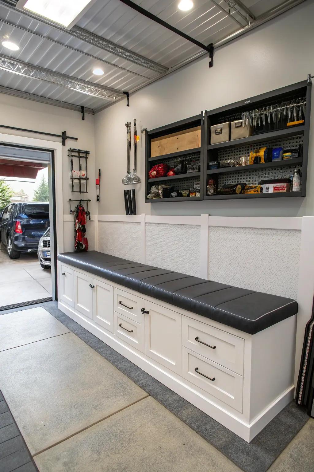 Attached bench seating offers a space-saving solution with added storage.