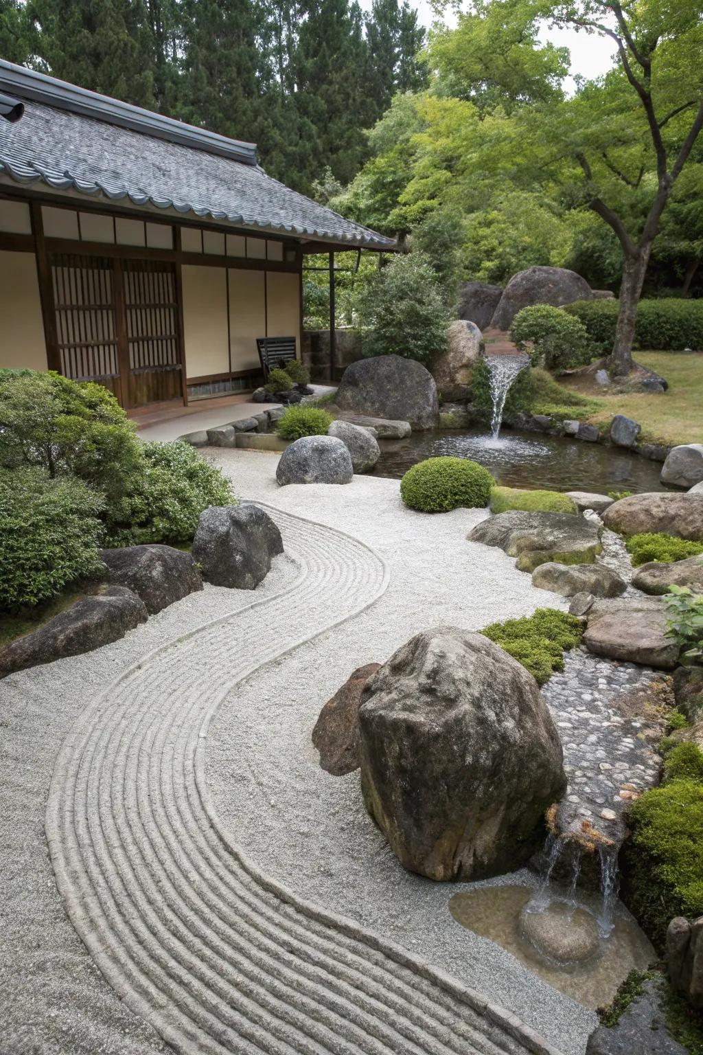 A serene Zen garden accentuated by rocks and calming water accents.