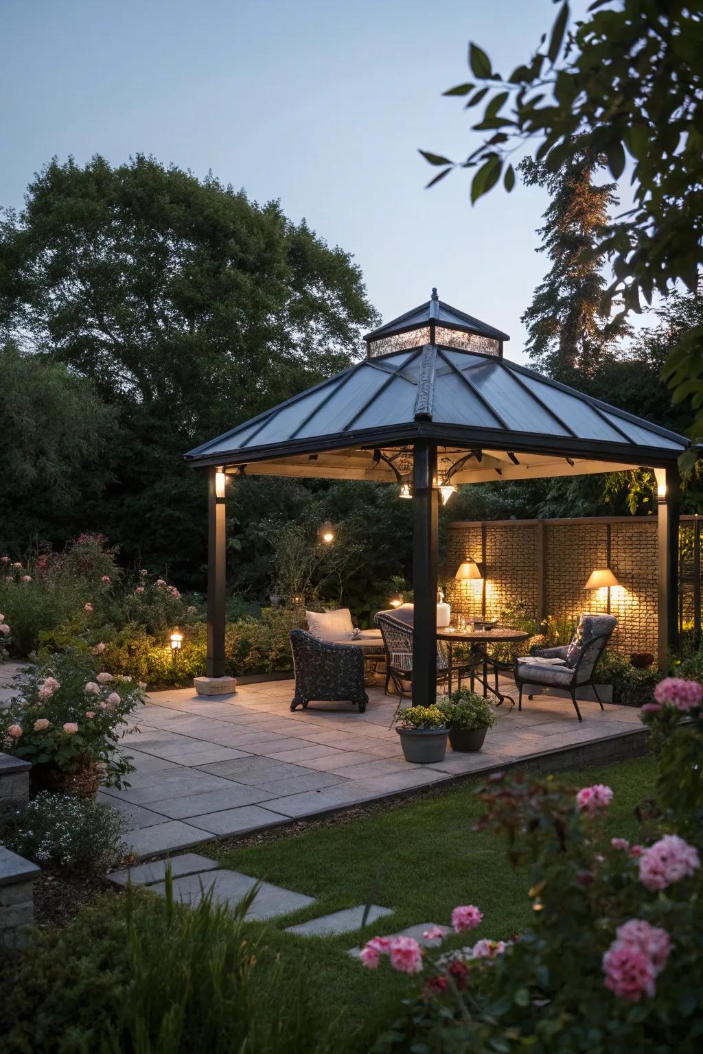 A gazebo with a sunlight canopy, radiating gently under the night's shroud.