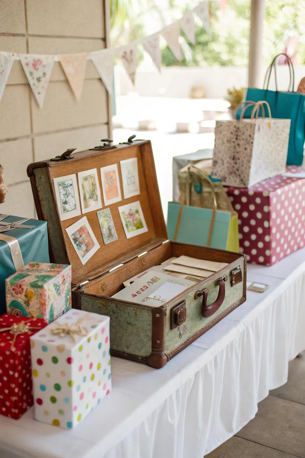 Add a touch of nostalgia to your gift table with a vintage suitcase.