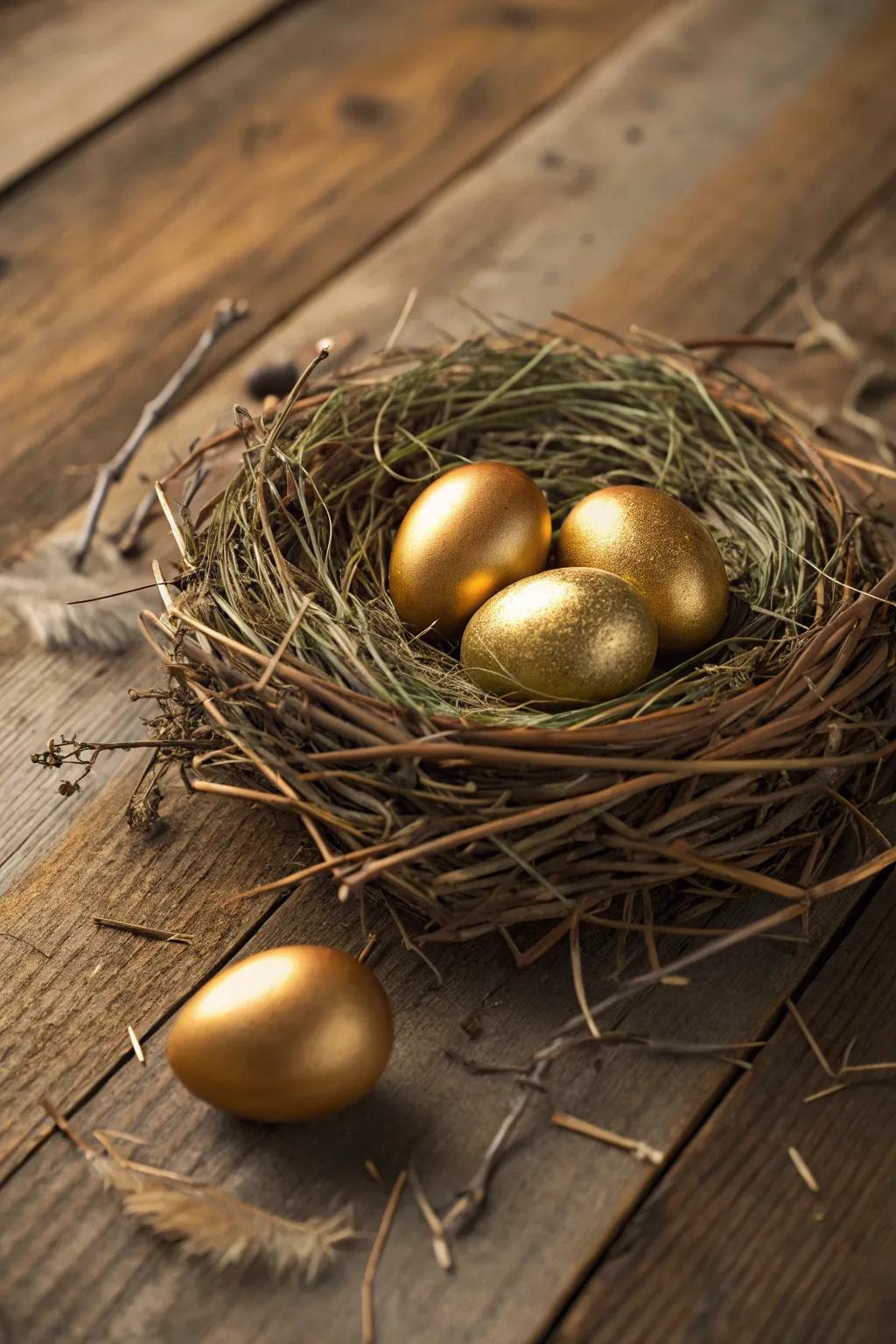 Gilded eggs cradled in a country natural nest, ideal as an Easter centerpiece.