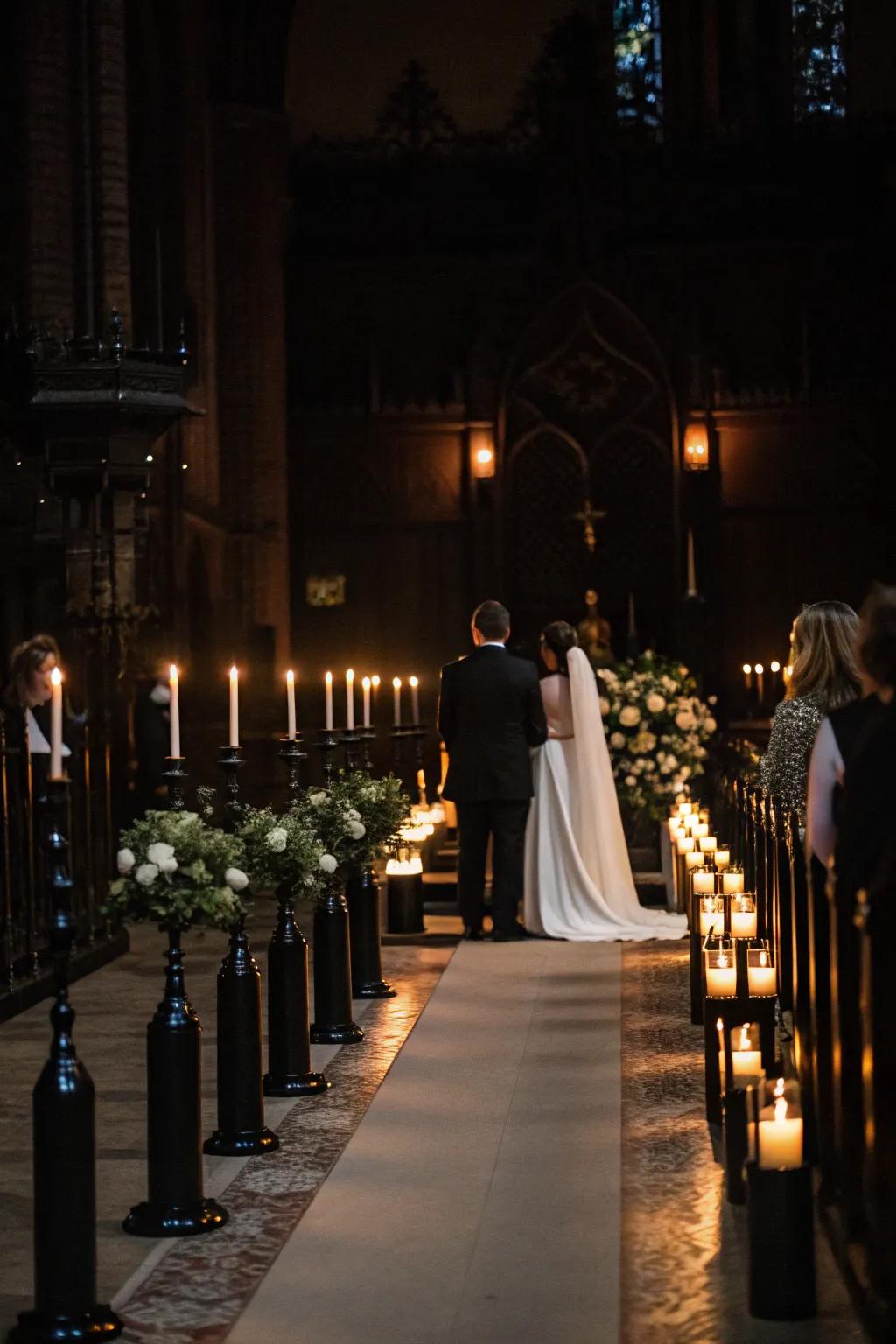A candlelit Gothic wedding service featuring ebony taper lights.