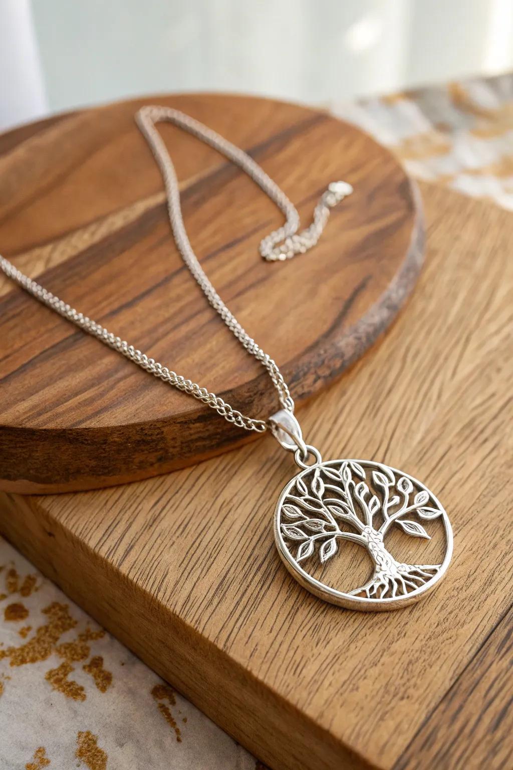 A family tree pendant necklace, representing the roots and branches of family.