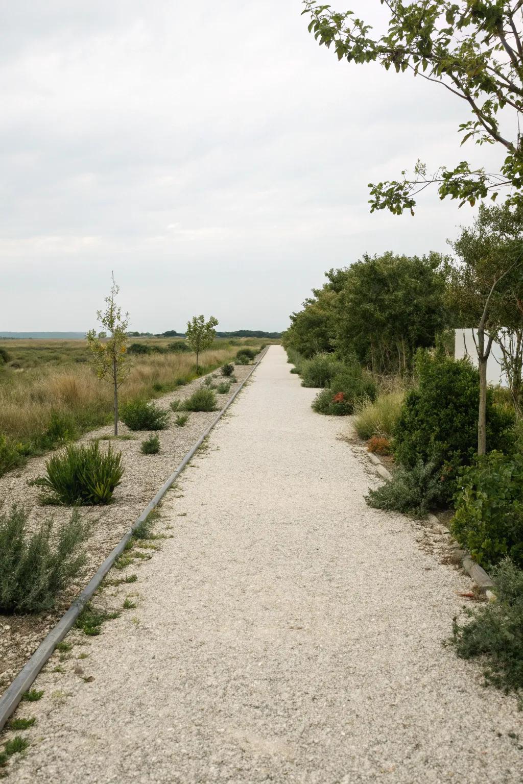 A simple gravel path provides simplicity and sophistication.