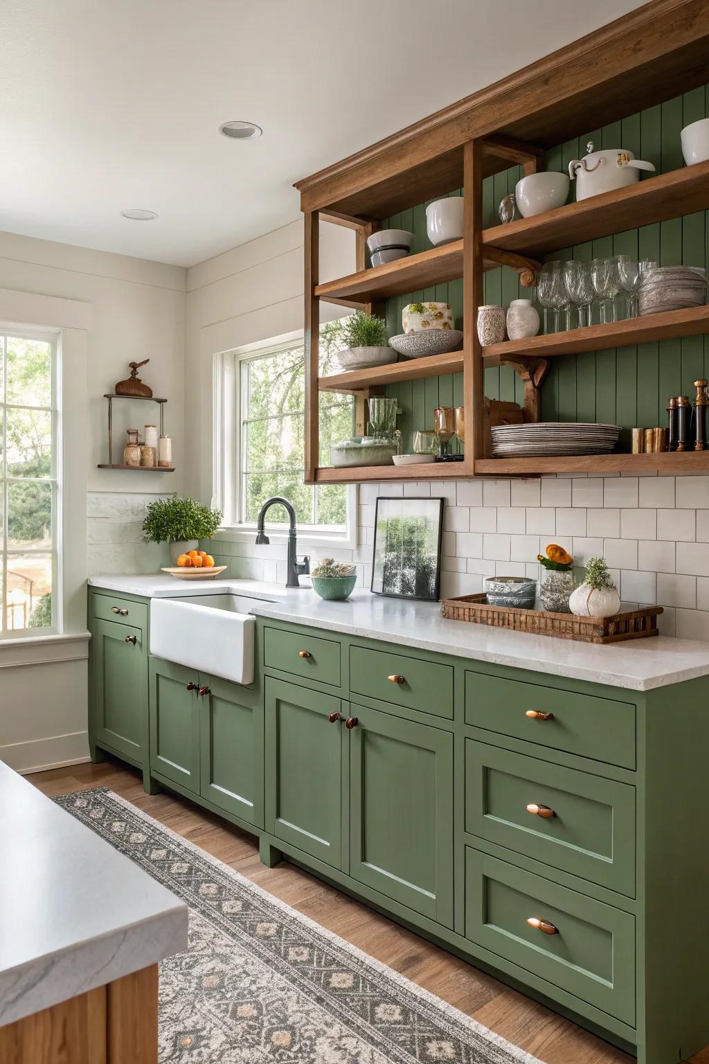 Display shelving in a green kitchen showcasing decorative items.