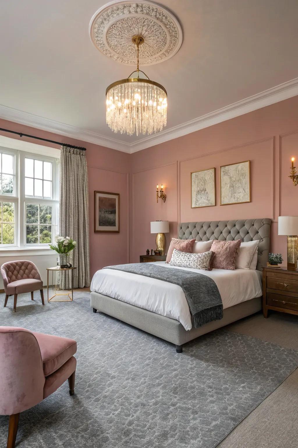Rose-tinted walls radiate refinement and color onto gray carpets.