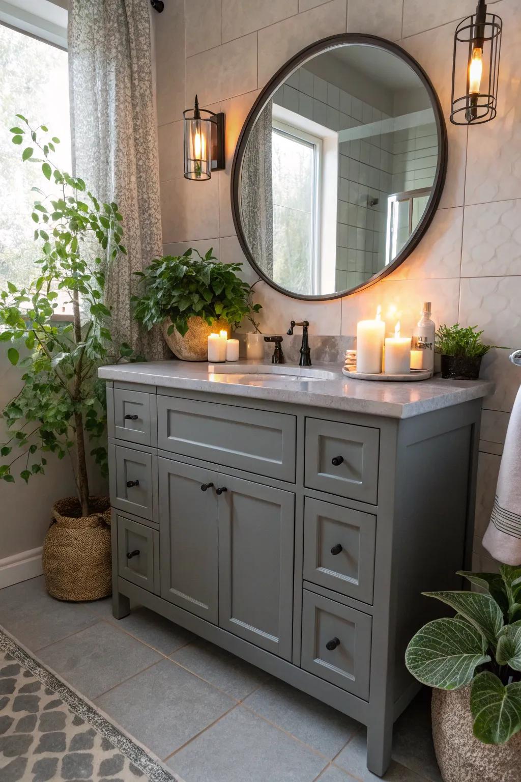 Decorative touches like plants and candles add warmth to the grey vanity.