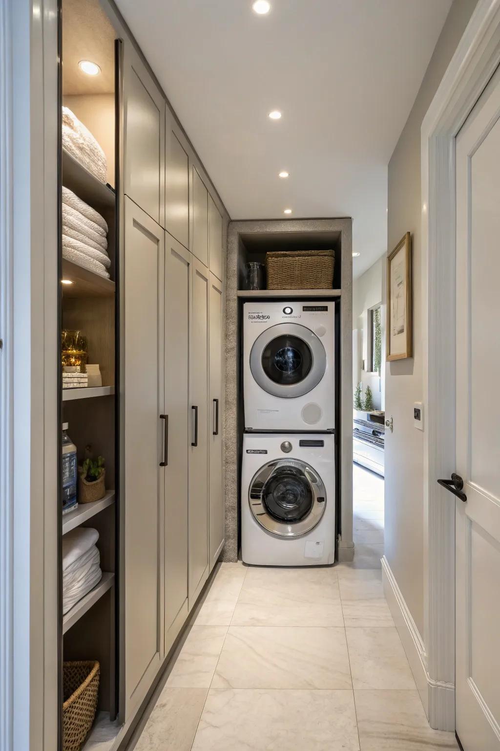Fitted units give a tidy and organized appearance to a hallway laundry area.