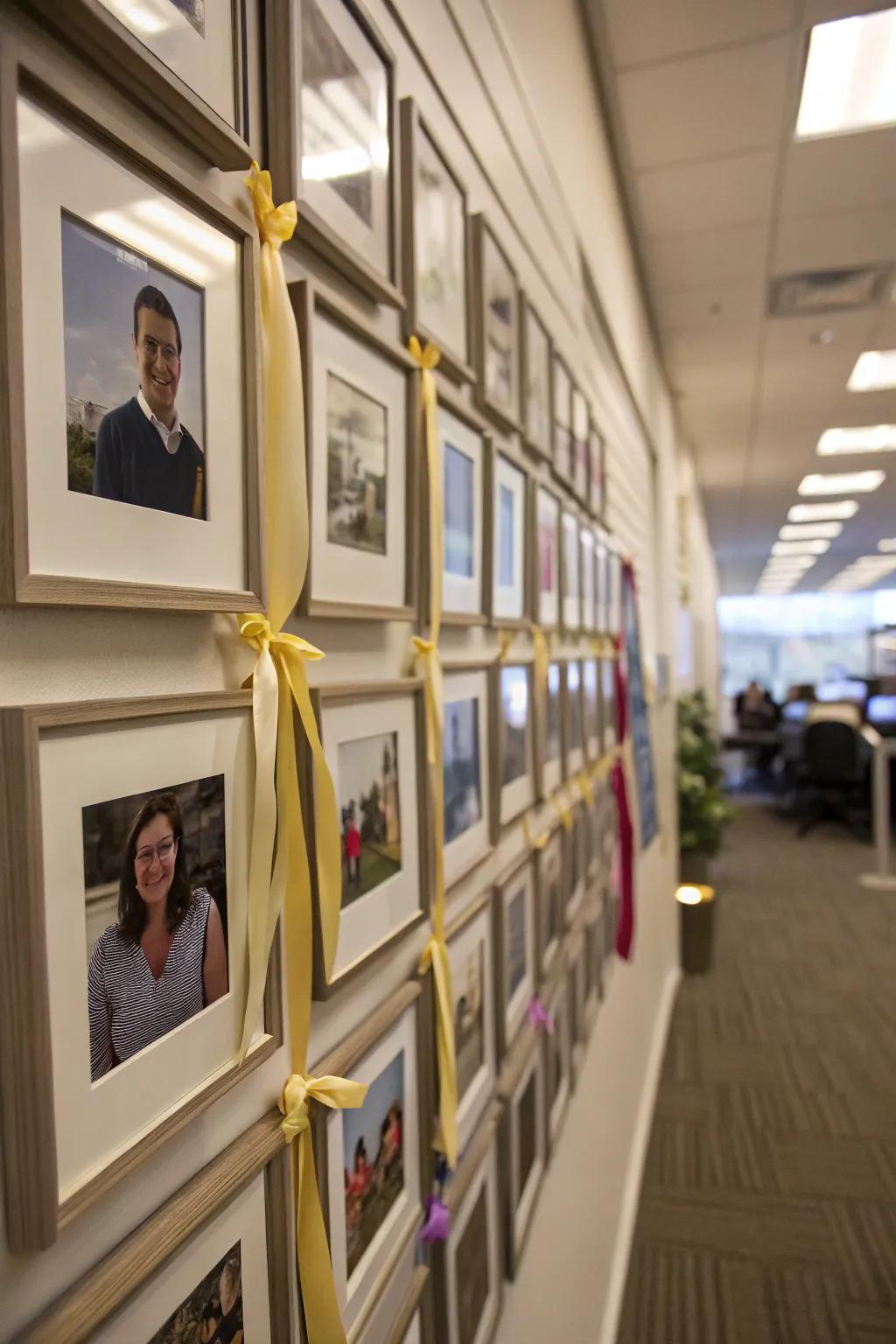 An office wall featuring a picture grid connected by stylish ribbons.