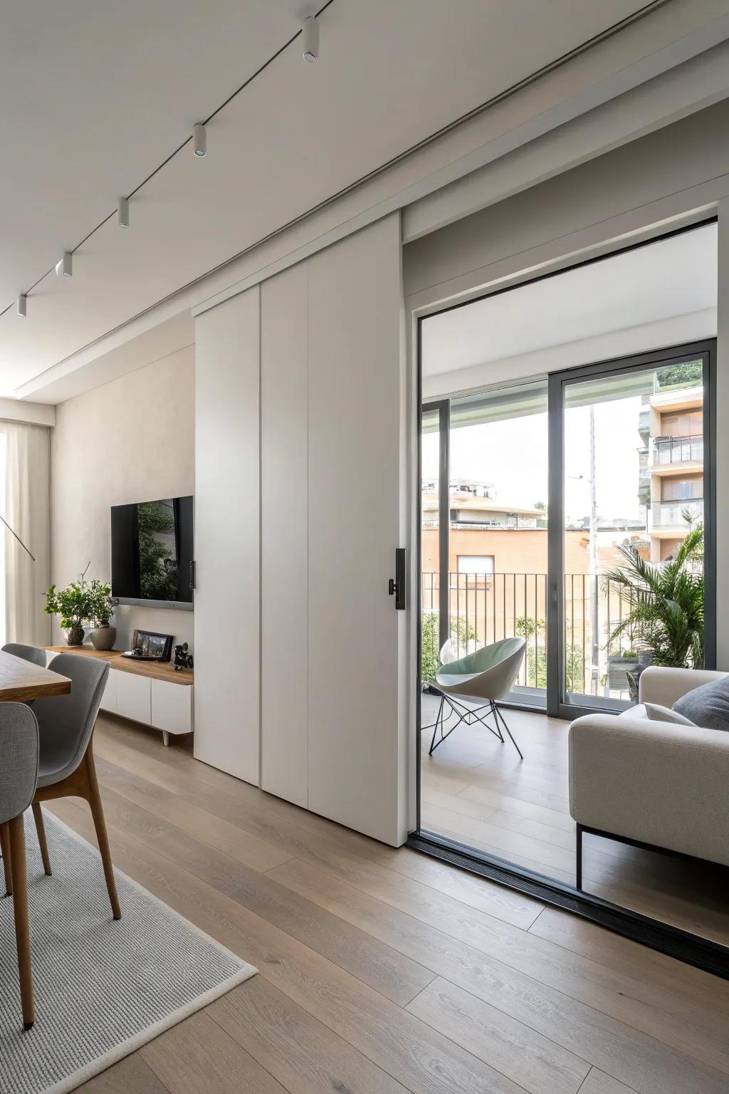 A modern apartment featuring a secret sliding door.