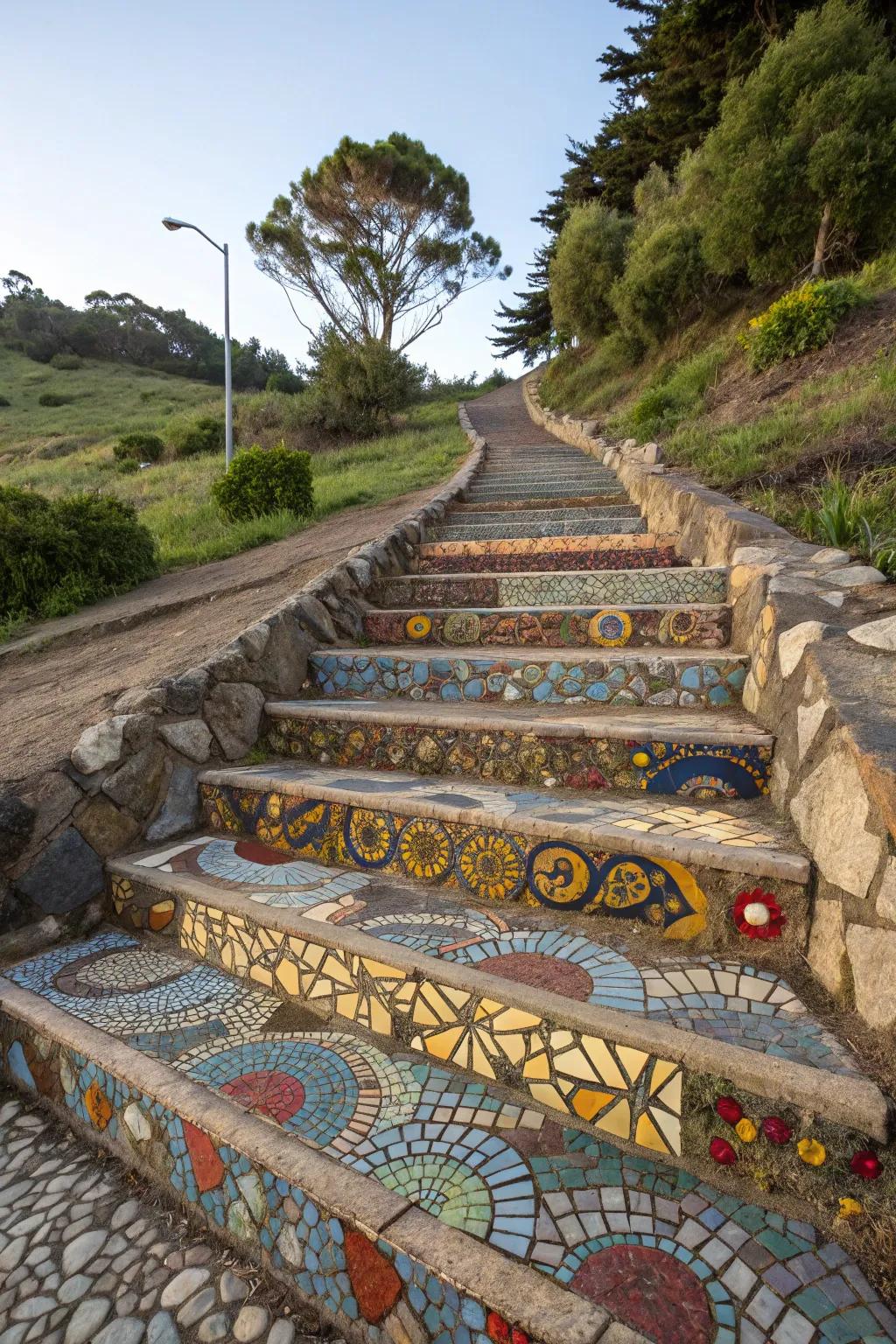 Mosaic steps deliver vibrant artistry to garden slopes.