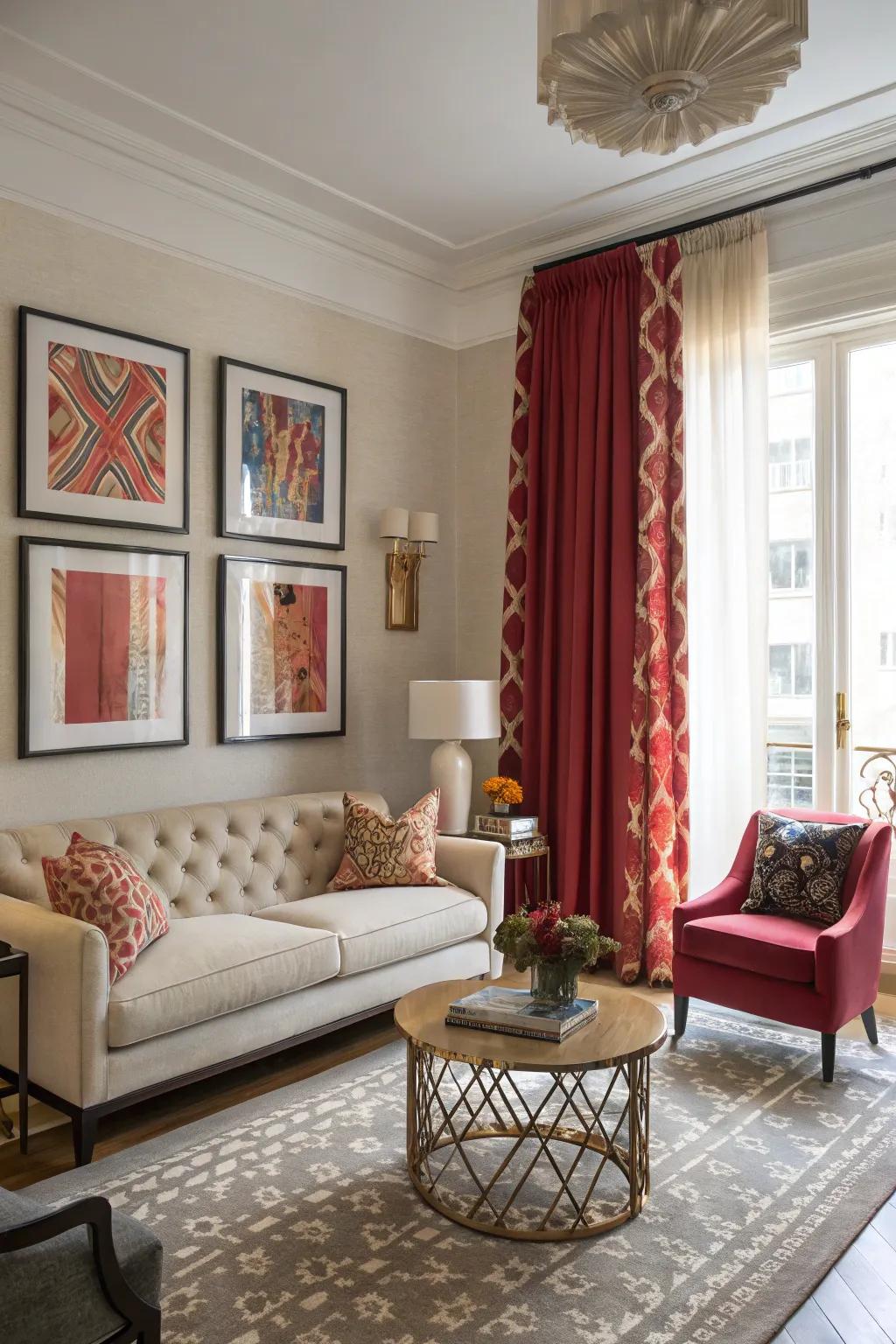 Contrasting window dressings can establish a striking feature in your lounge.