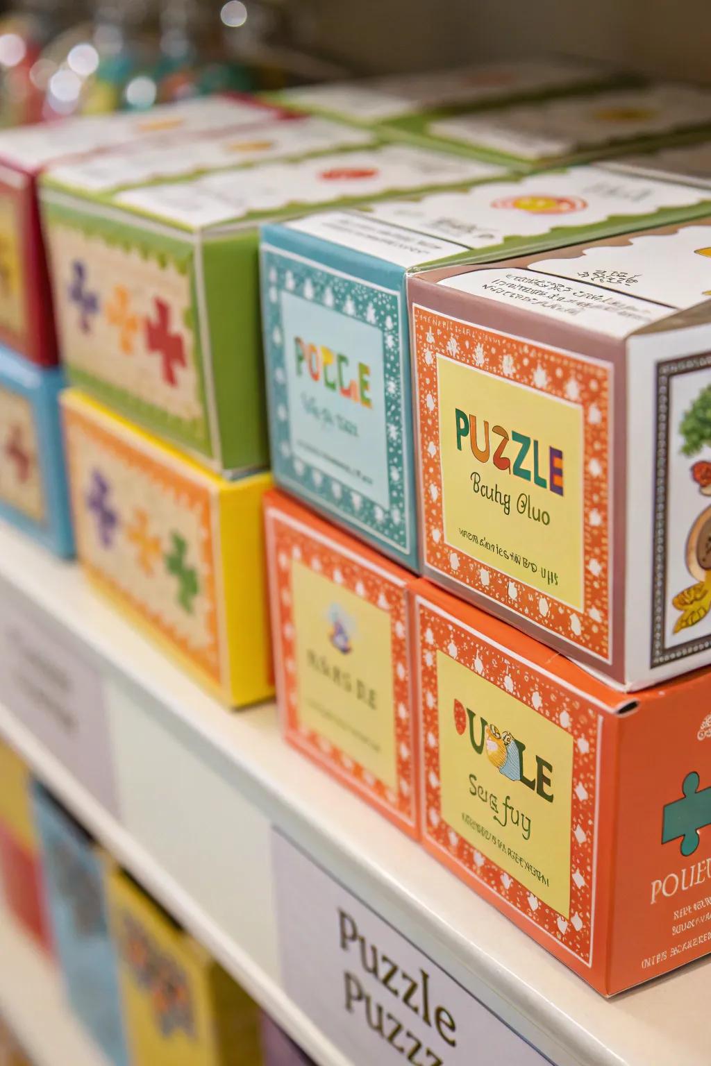 Puzzle boxes labeled for easy identification.