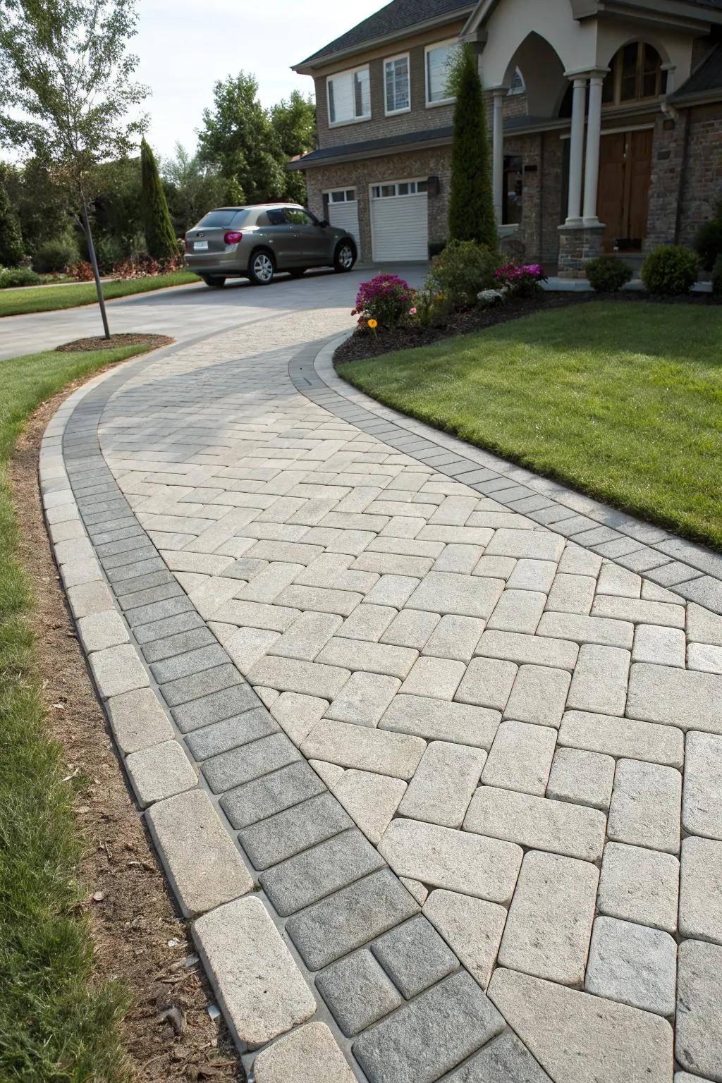 A cohesive design with interlocking pavers from entrance to driveway.