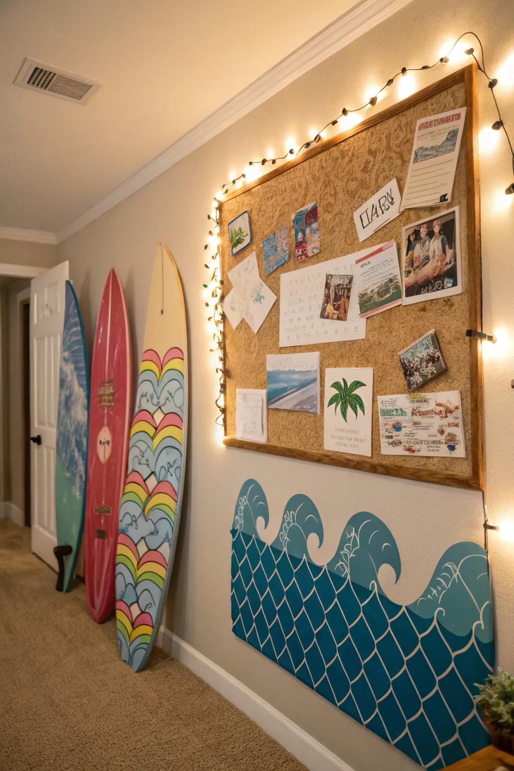 A surf-inspired bulletin board transporting the thrill of ocean waves indoors.