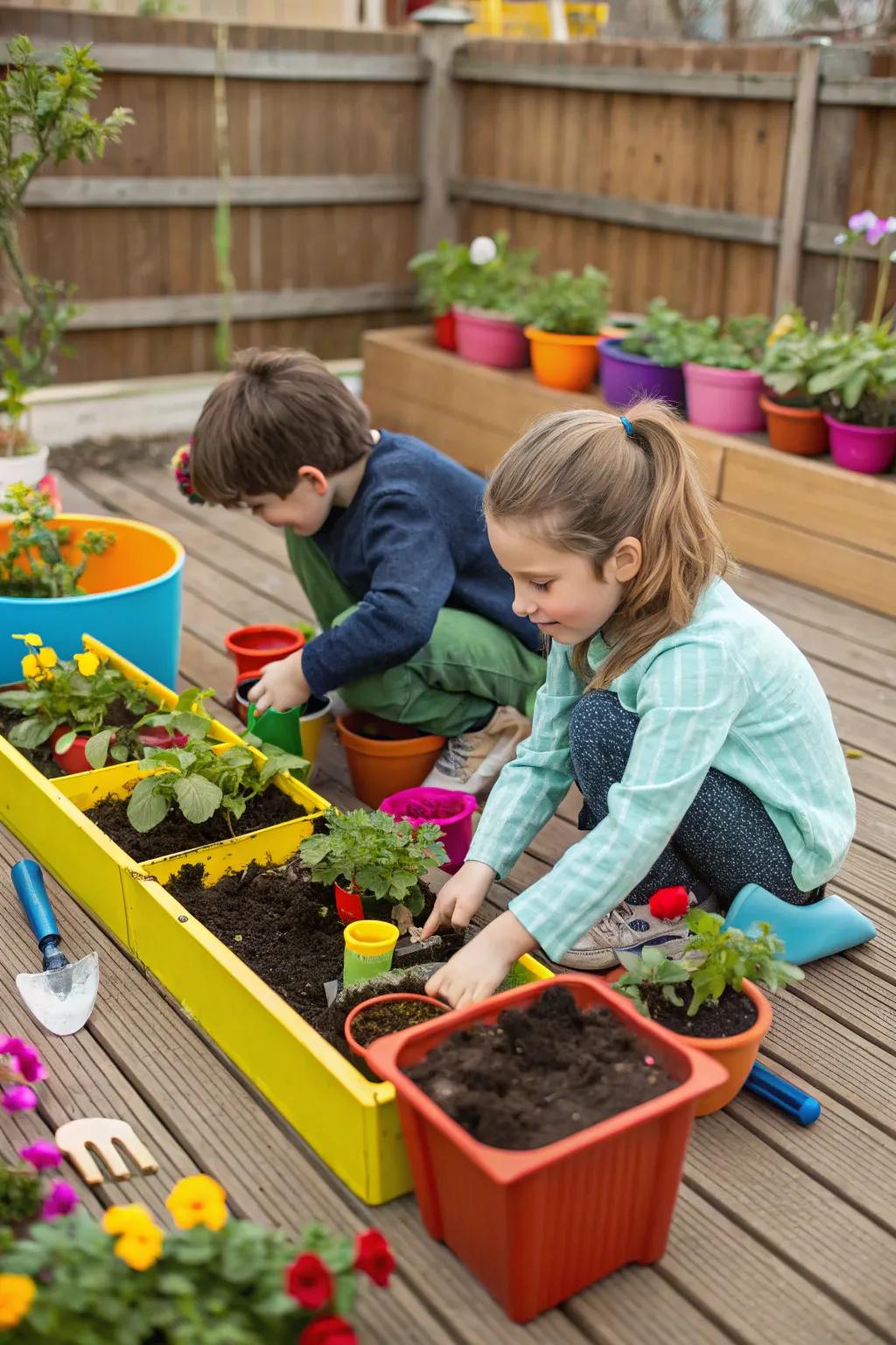 A small deck garden where children are planting flowers and veggies.