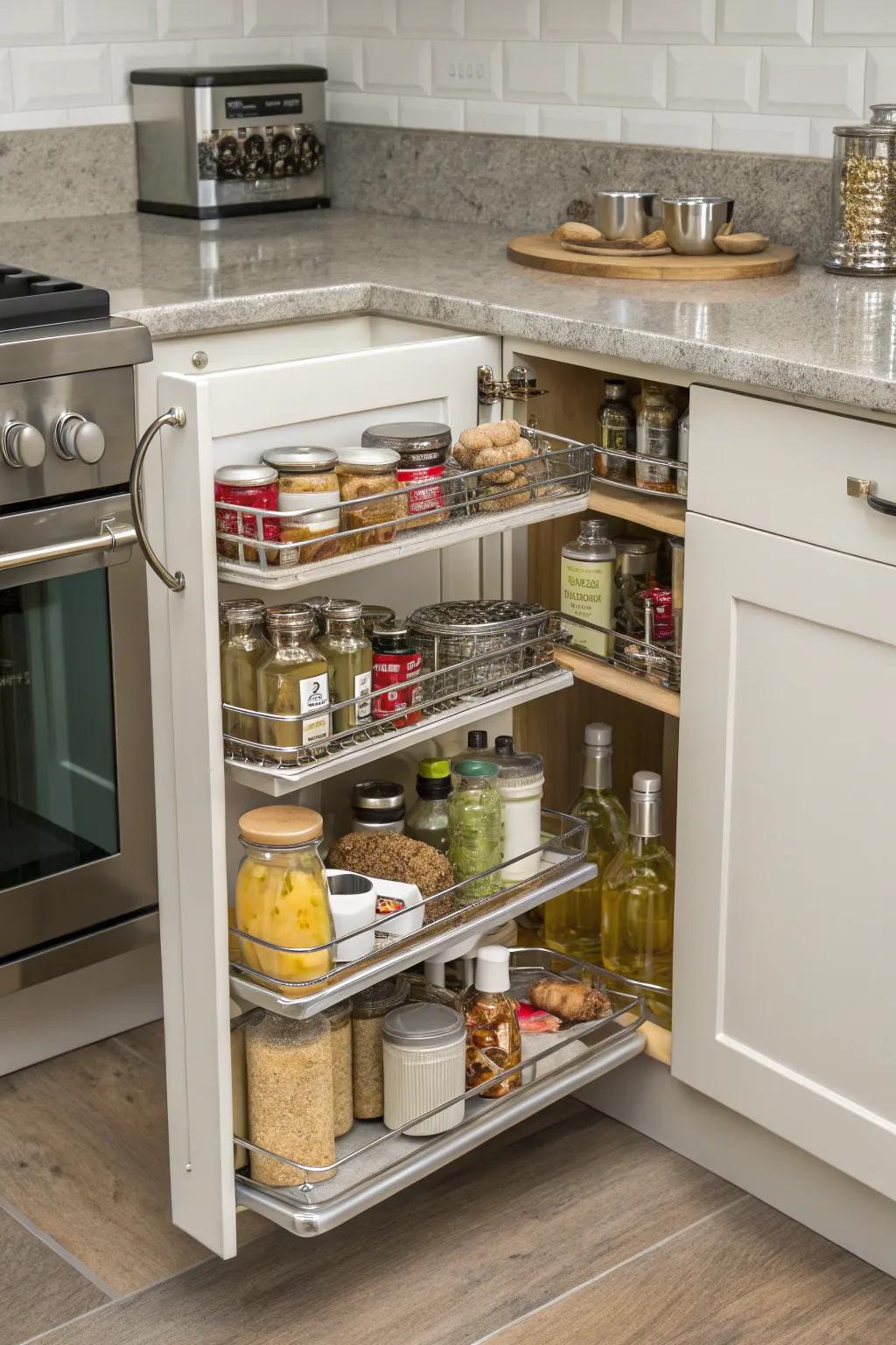 Pivoting pull-outs provide straightforward access to deep corner cabinets.