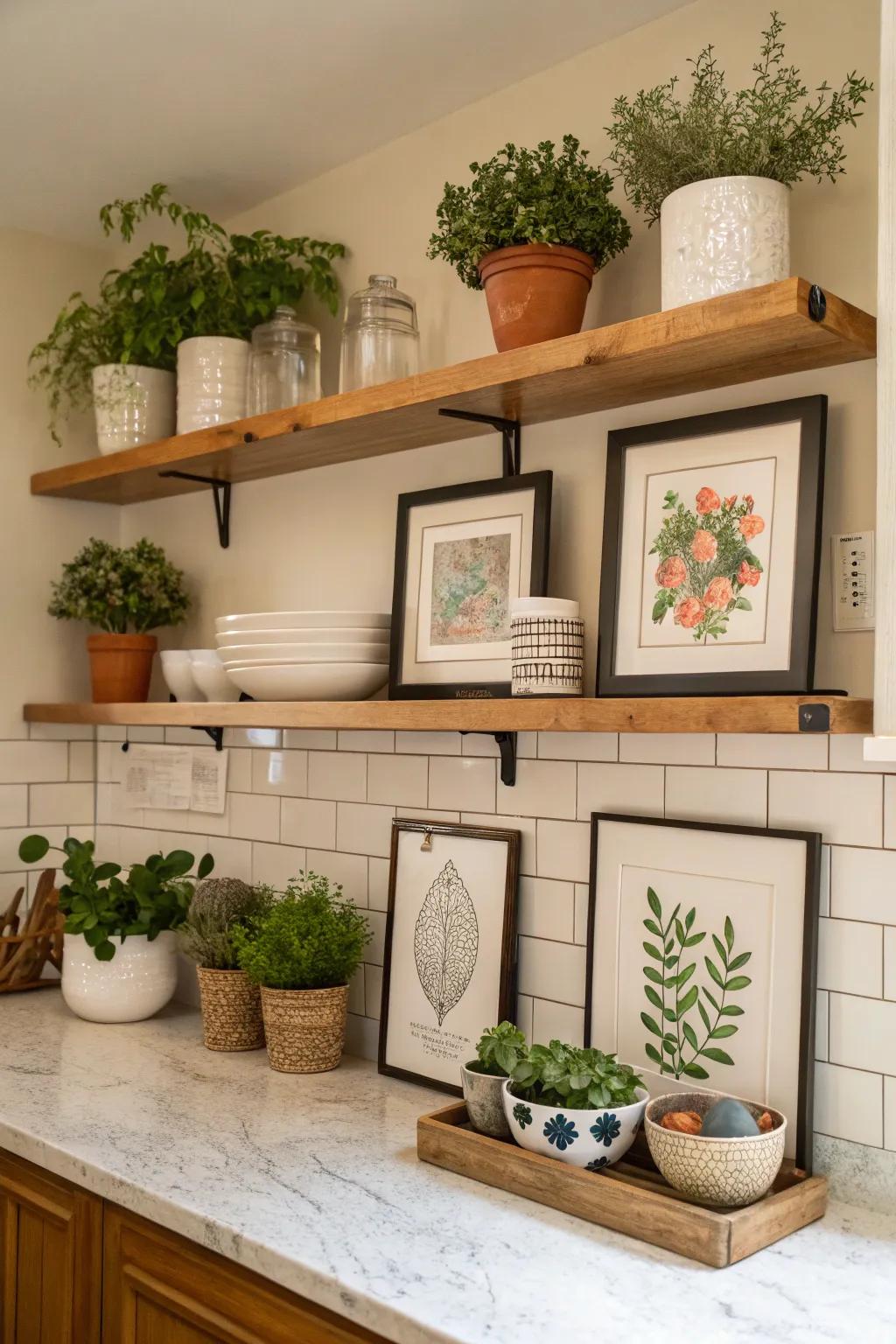 Decorative shelves with plants and art.