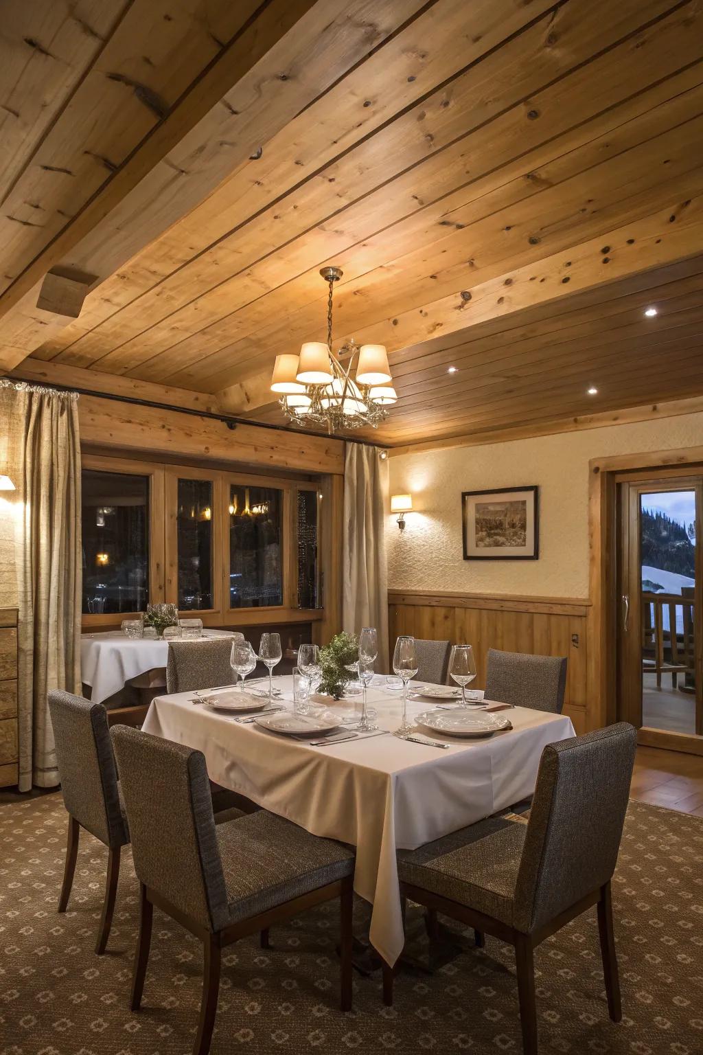 A dining area where rough-sawn fir ceilings enhance the dining atmosphere.