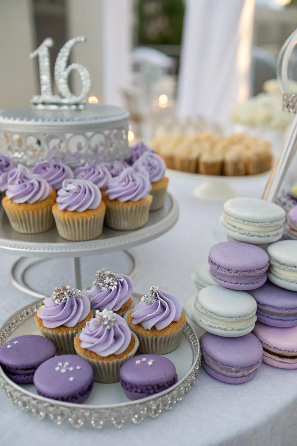 A tempting dessert table that aligns perfectly with the party's color theme.