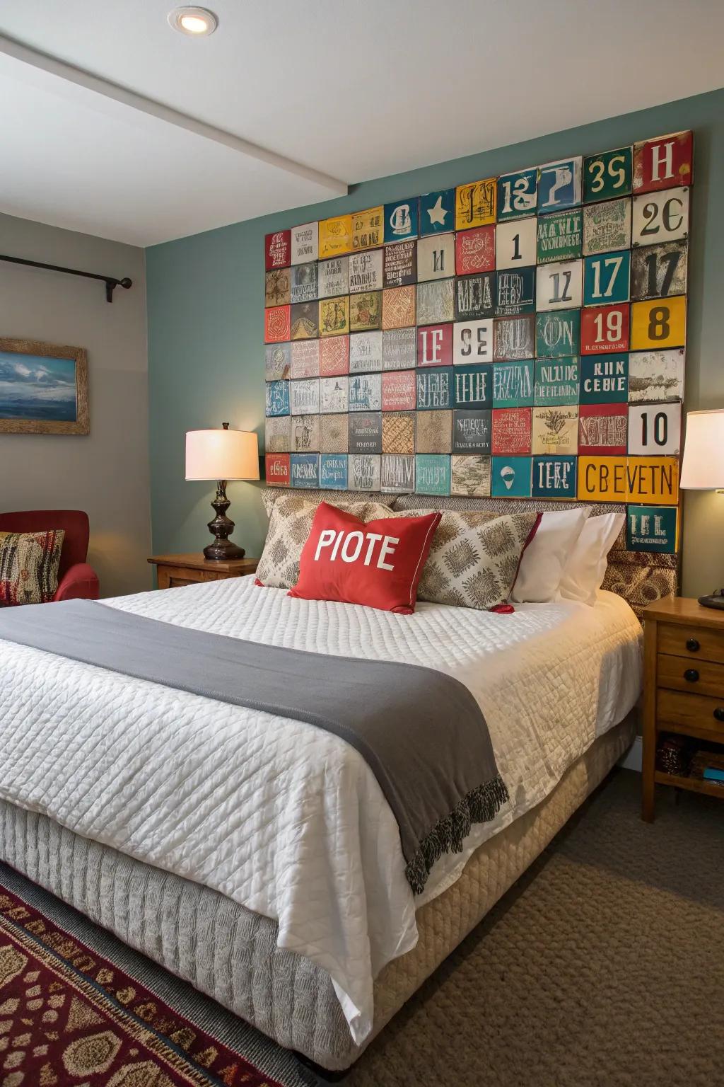 A license plate headboard makes for a bold bedroom statement.