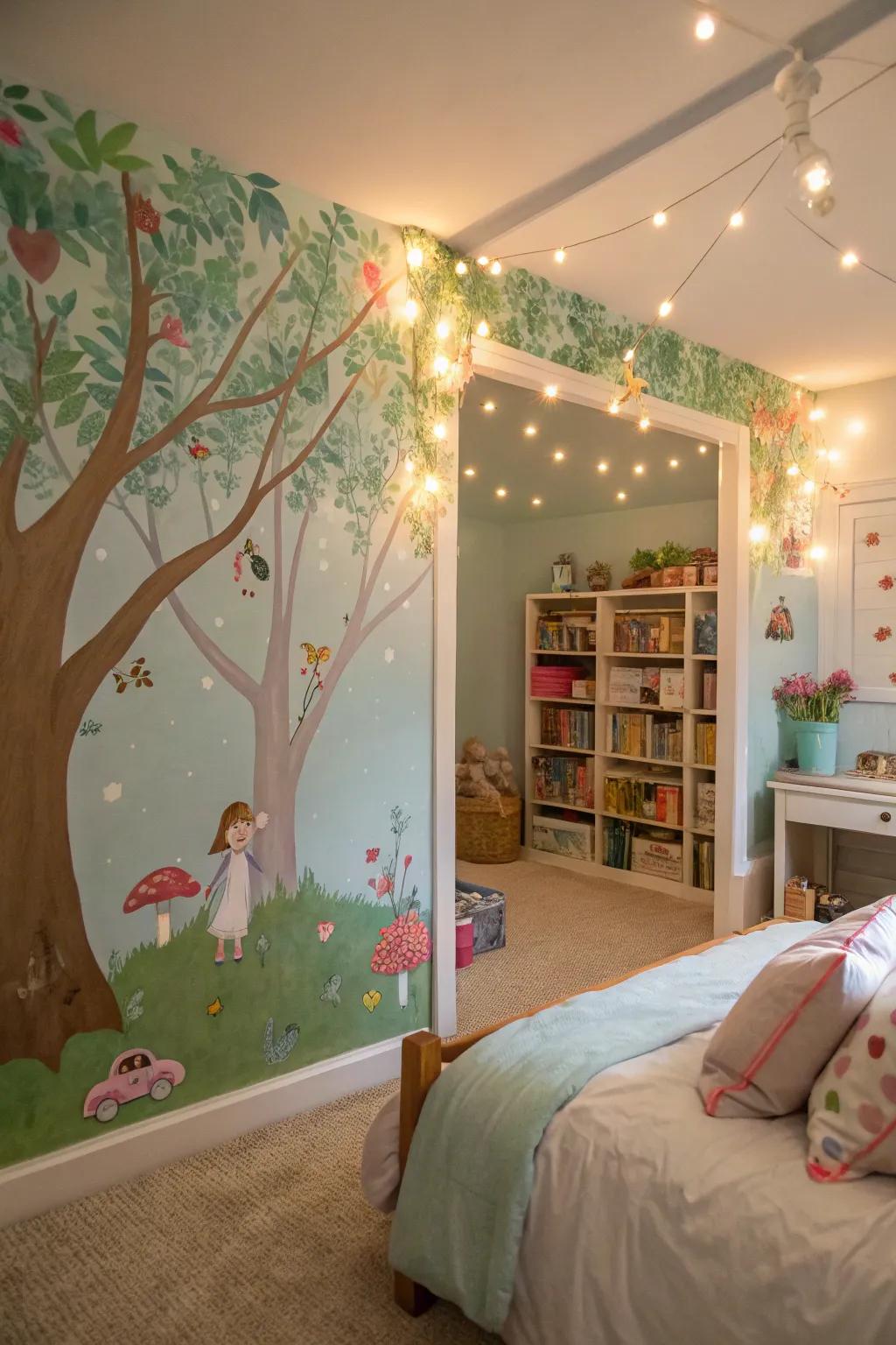 A whimsical wall mural that transports to a magical world.