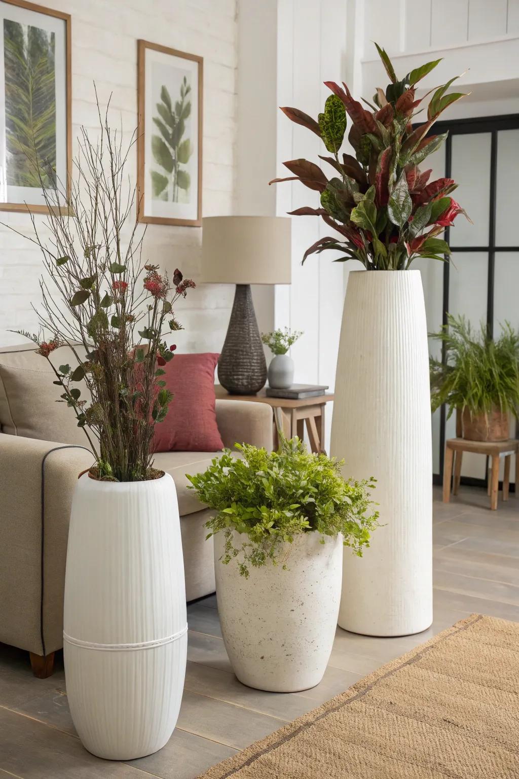 A group of vessels with different statures provides dynamic visual interest to a modern space.