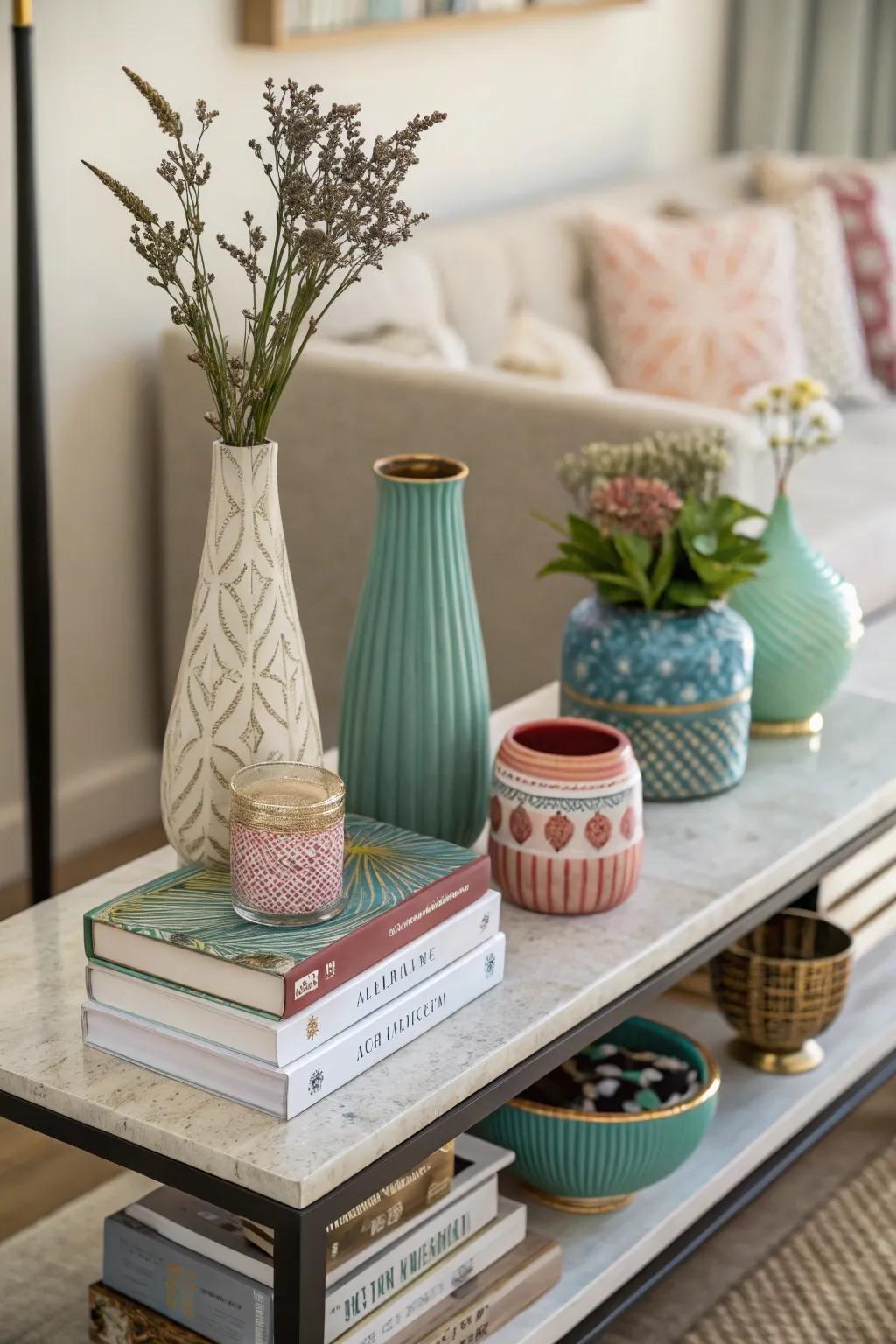 Layered accessories add depth and character to side tables.