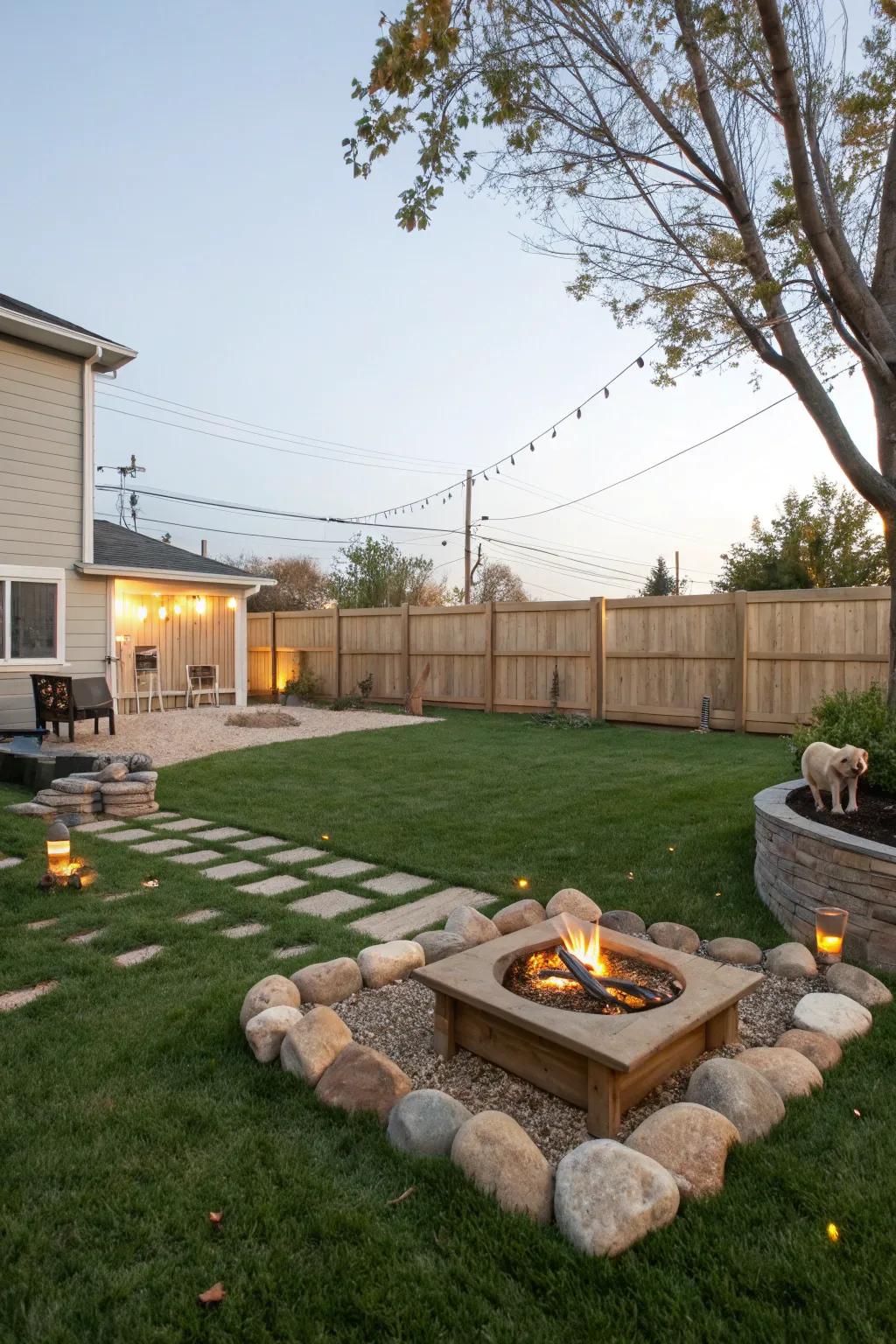 An inviting fire pit spot that complements a pet-supportive setting.