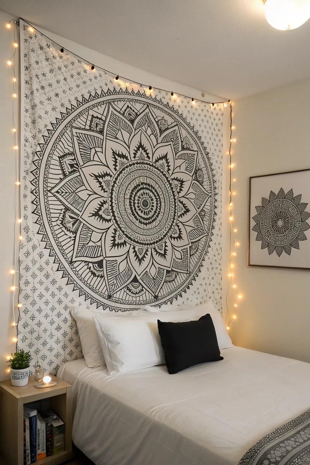 A single-color circular motif design adding elegance to a bedroom.