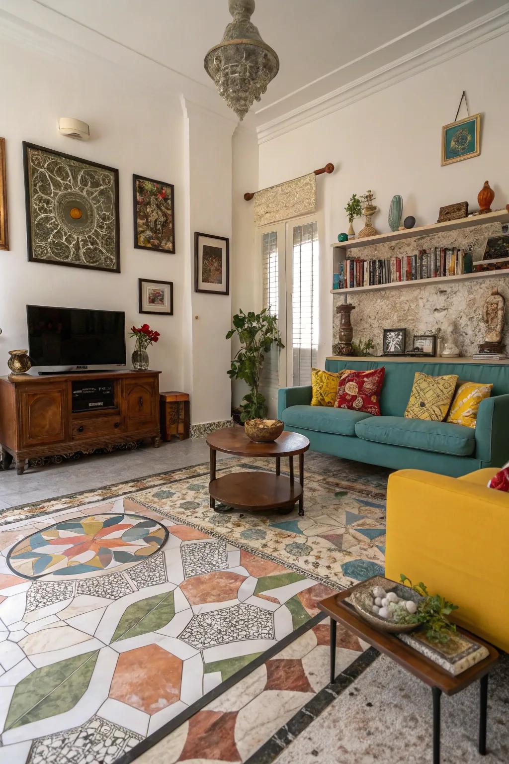 Mosaic patterns introduce lively charm to marble flooring.