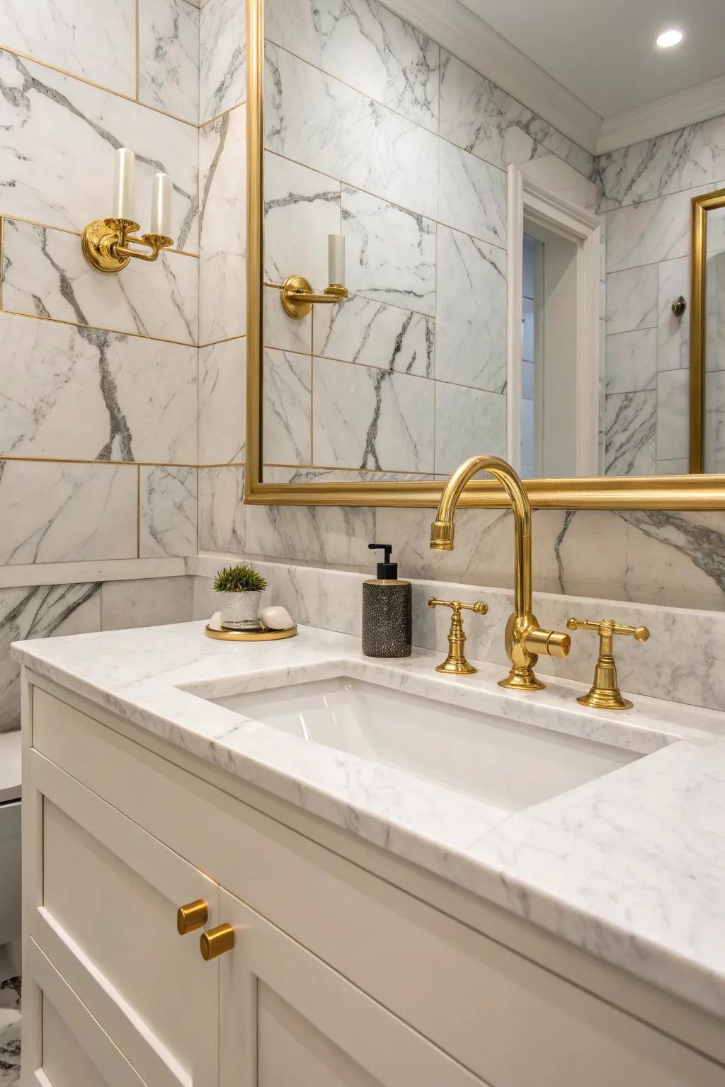 Gold and brass accents beautifully complementing marble porcelain tiles in a luxurious bathroom.