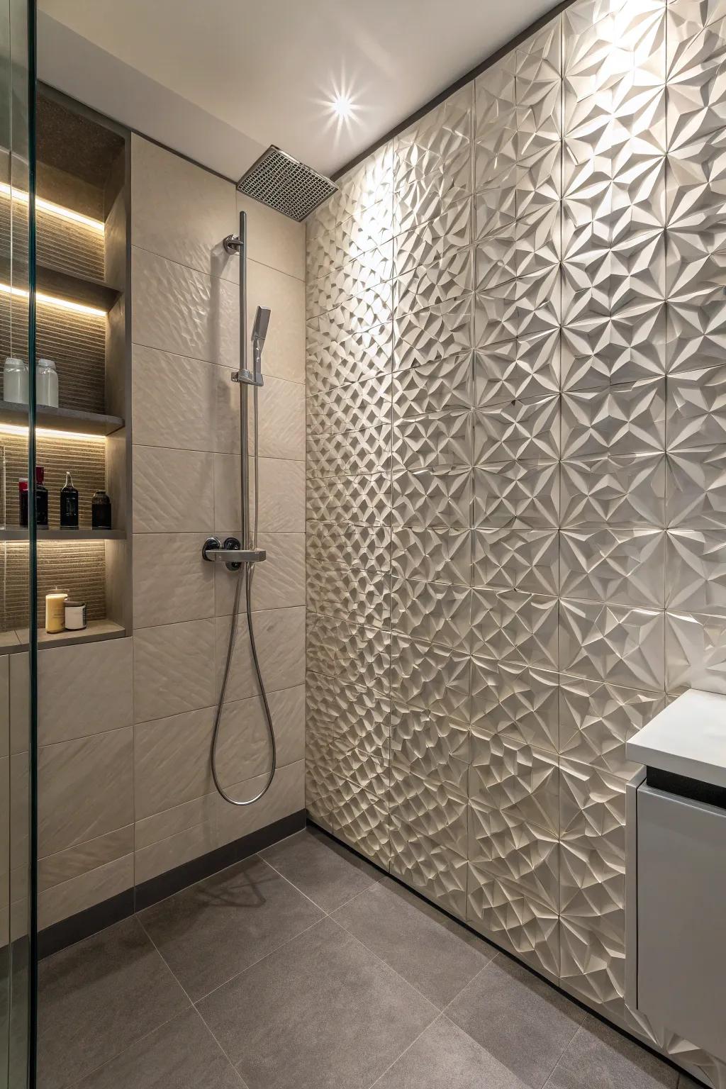 A shower designed with 3D tiles, adding depth and visual interest.
