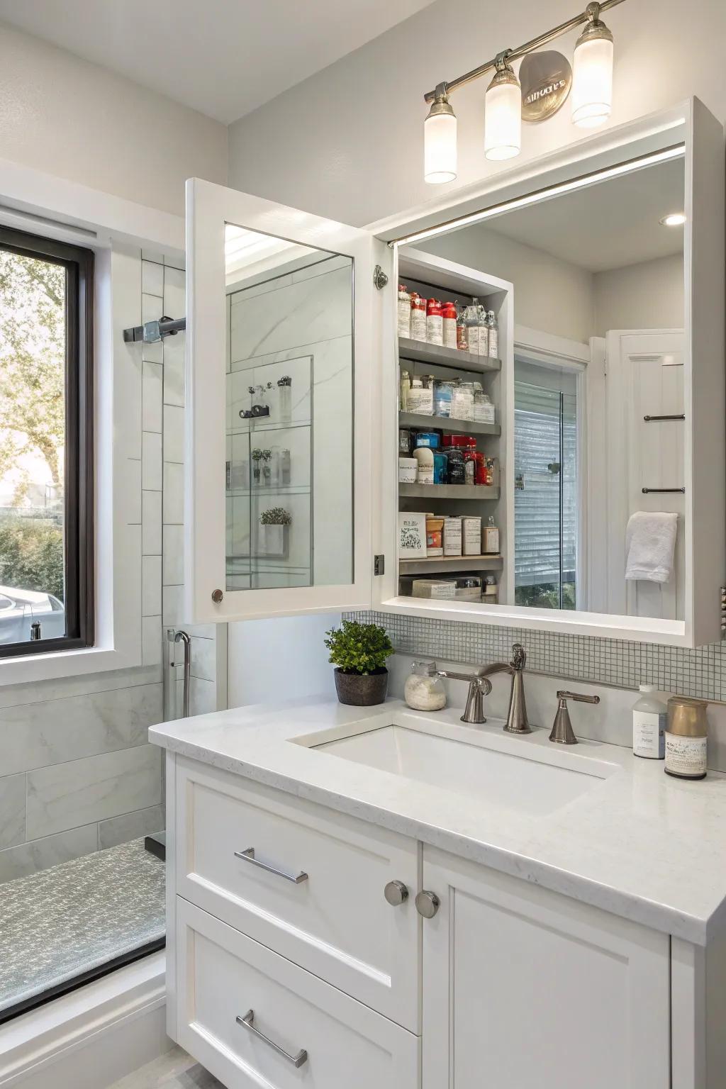 Hidden cabinets keep the area sleek and tidy.