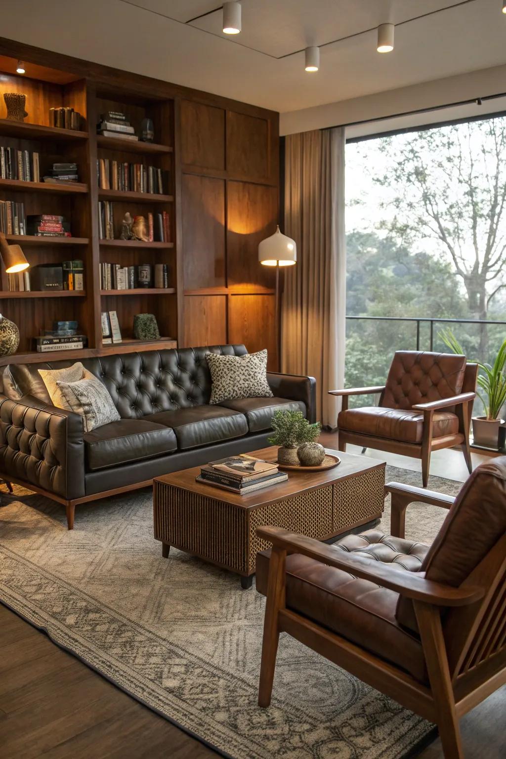 A mix of leather, fabric, and wood textures creates a cozy and inviting mid-century modern living room.