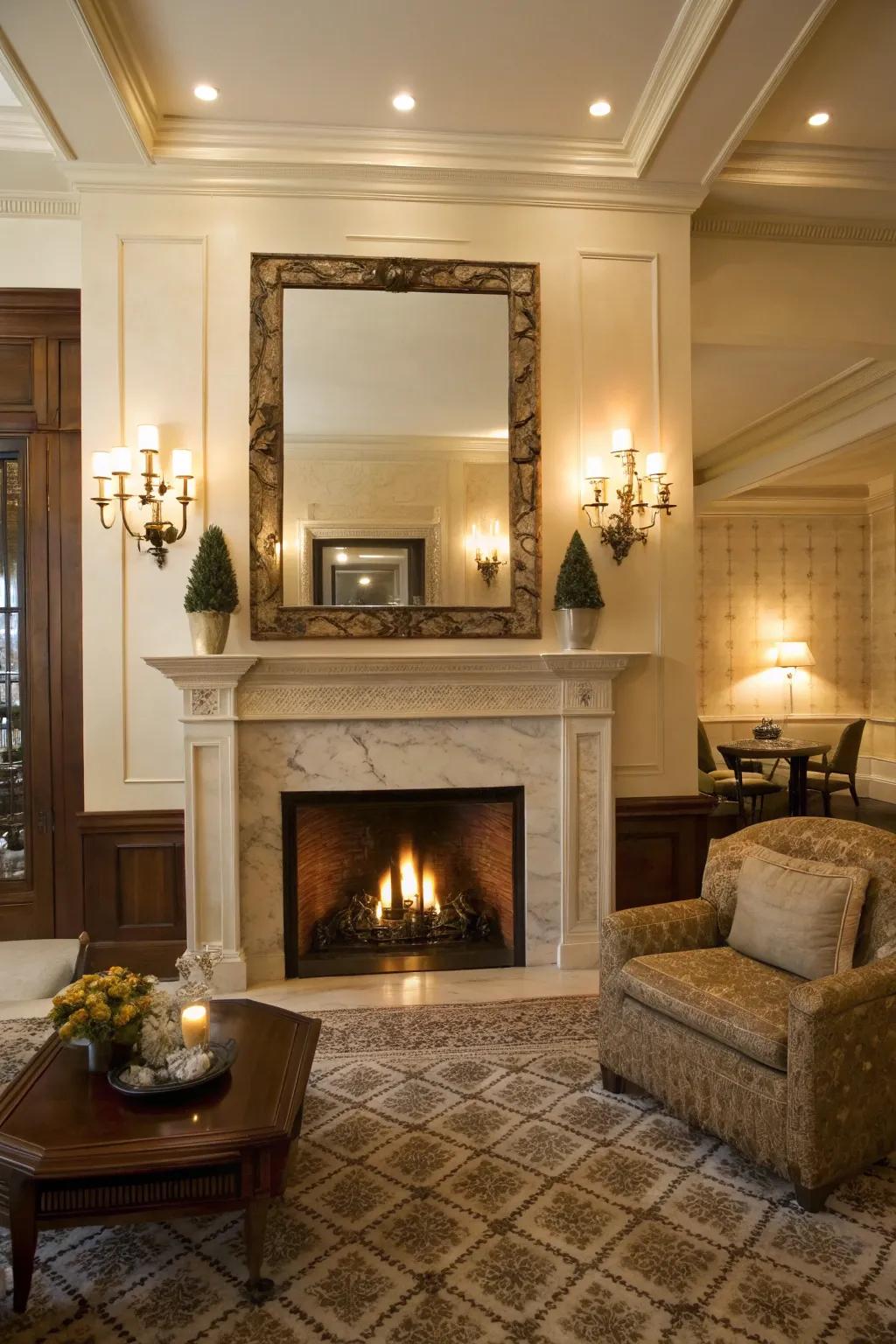 Sconces beside a mirror create a warm and inviting atmosphere.