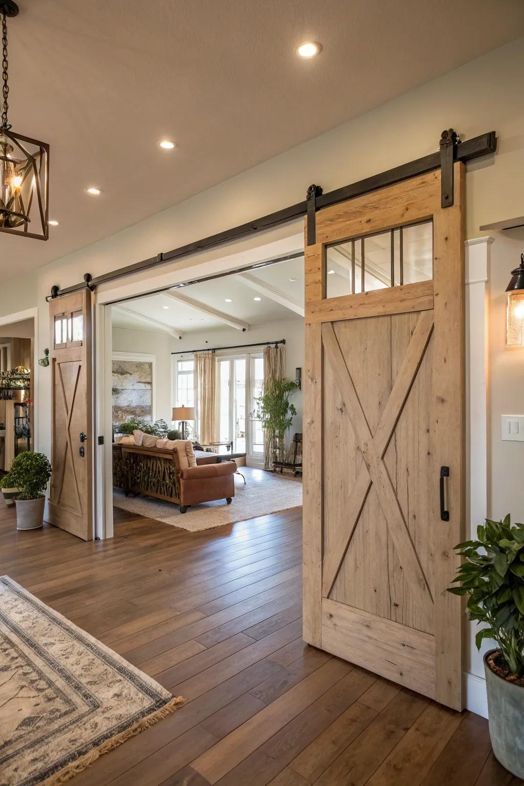 Double barn doors add elegance and functionality to large spaces.