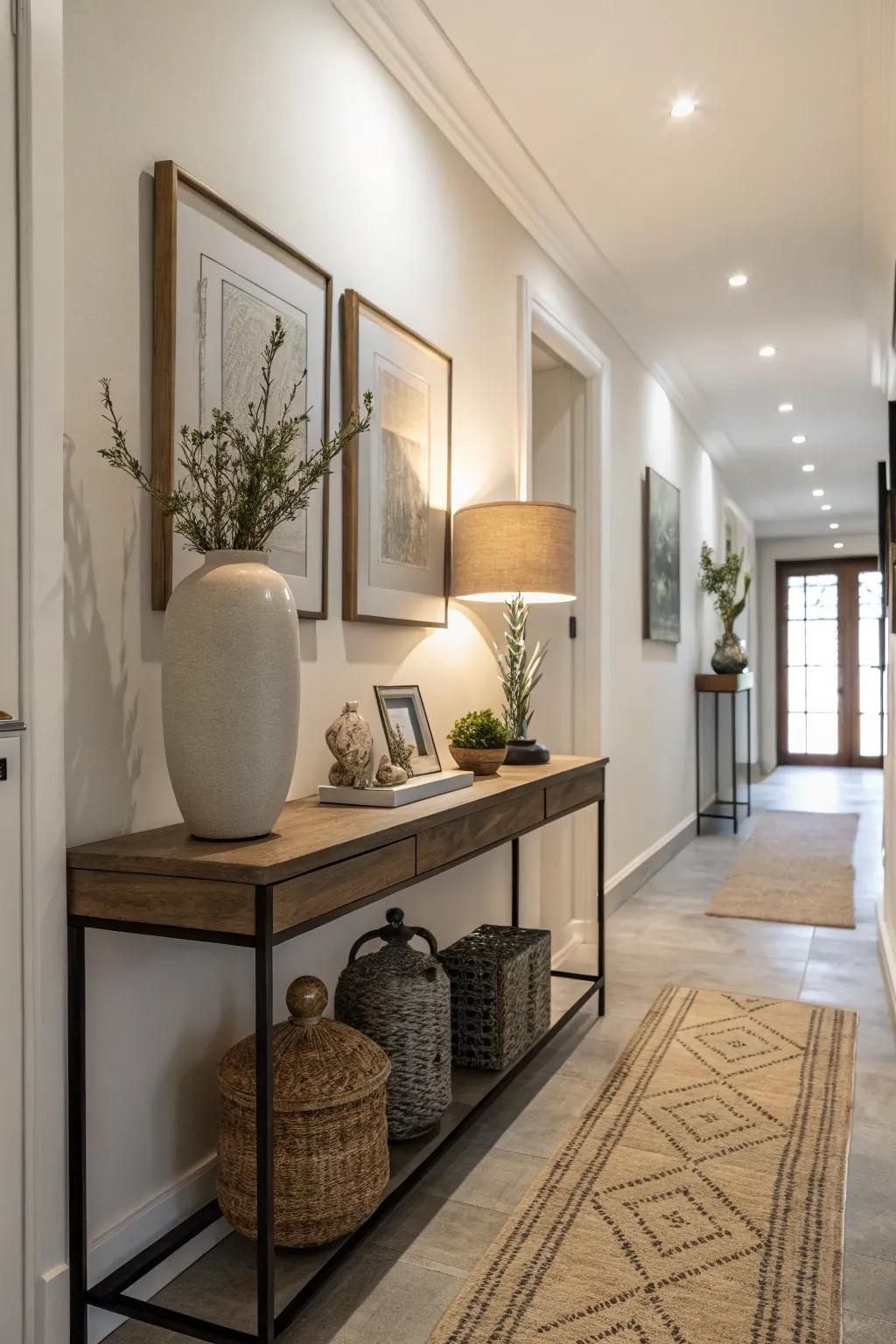 Understated furniture maintains a stylish and uncluttered hallway.