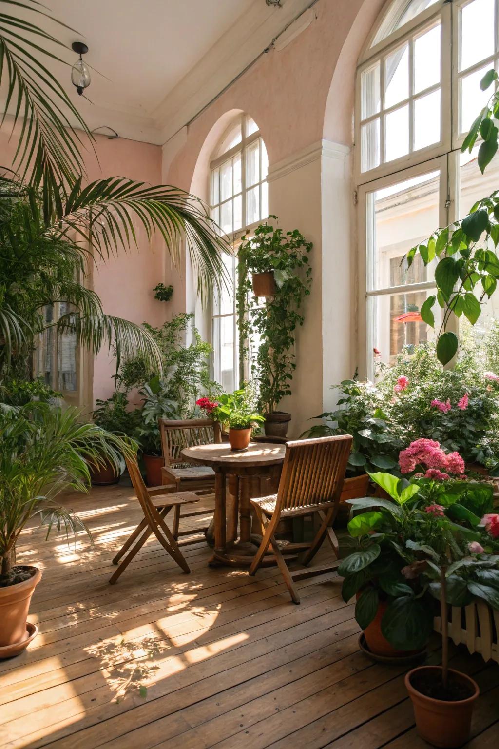 A modern living area enhanced with natural elements like plants and wood.