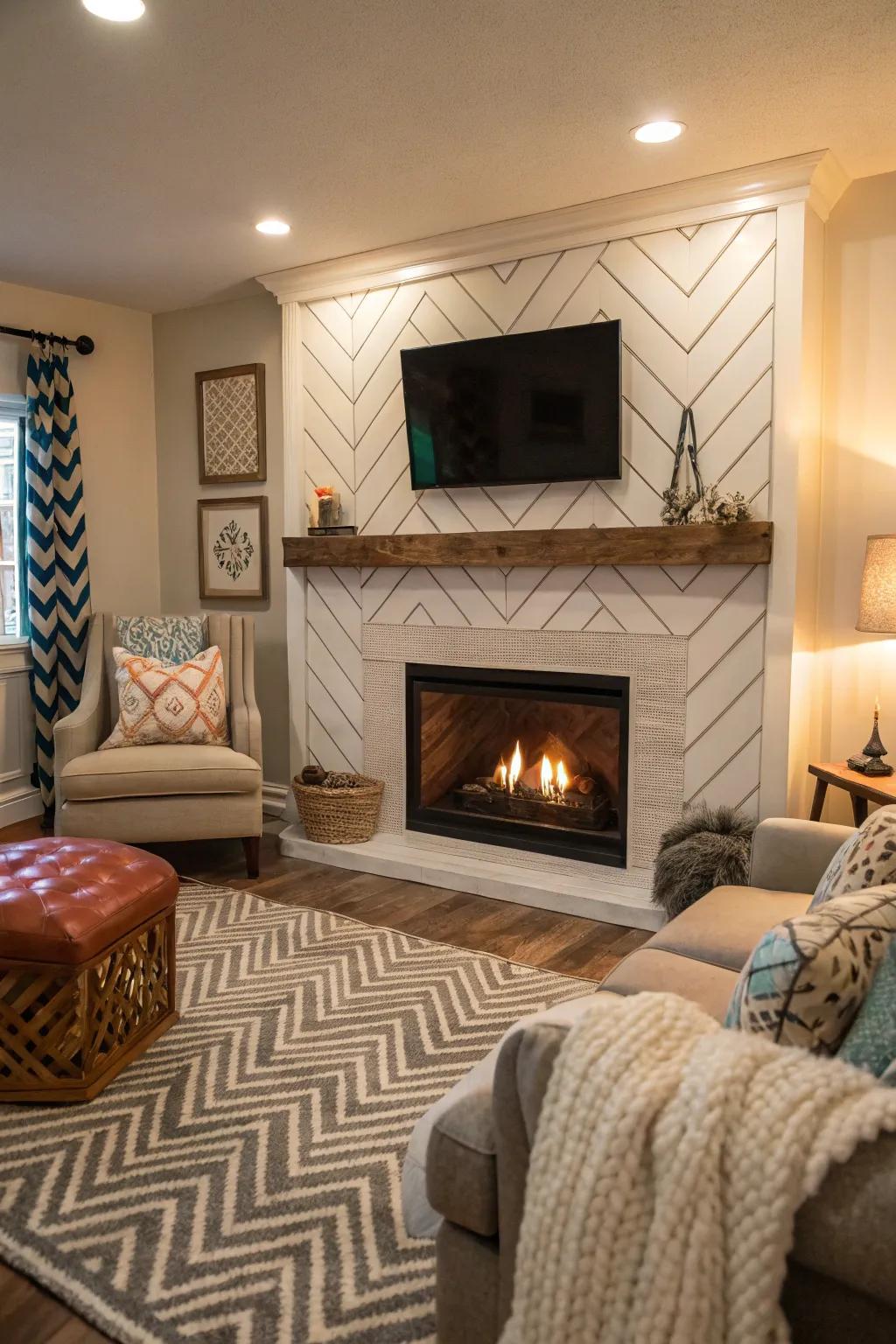 A chevron patterned shiplap fireplace that introduces texture.