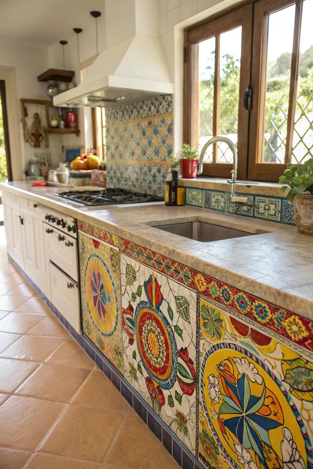 Colorful mosaic tiles make this kitchen countertop a work of art.