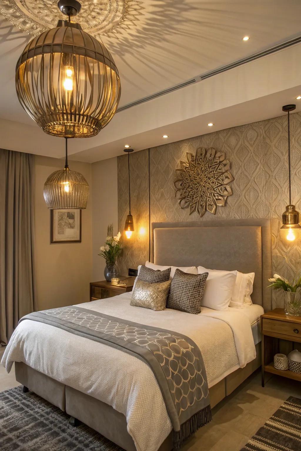 A bedroom incorporating shimmering light fixtures and decor accents.