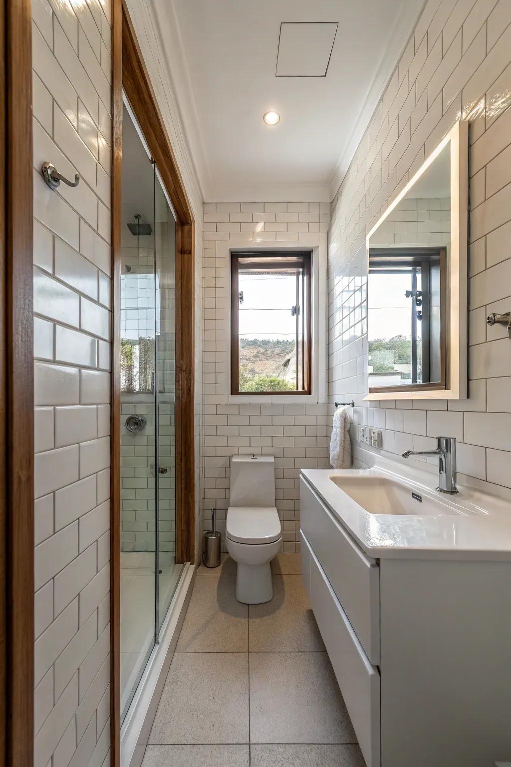 Floor-to-ceiling mirrors enhance the sense of space within narrow bathrooms.
